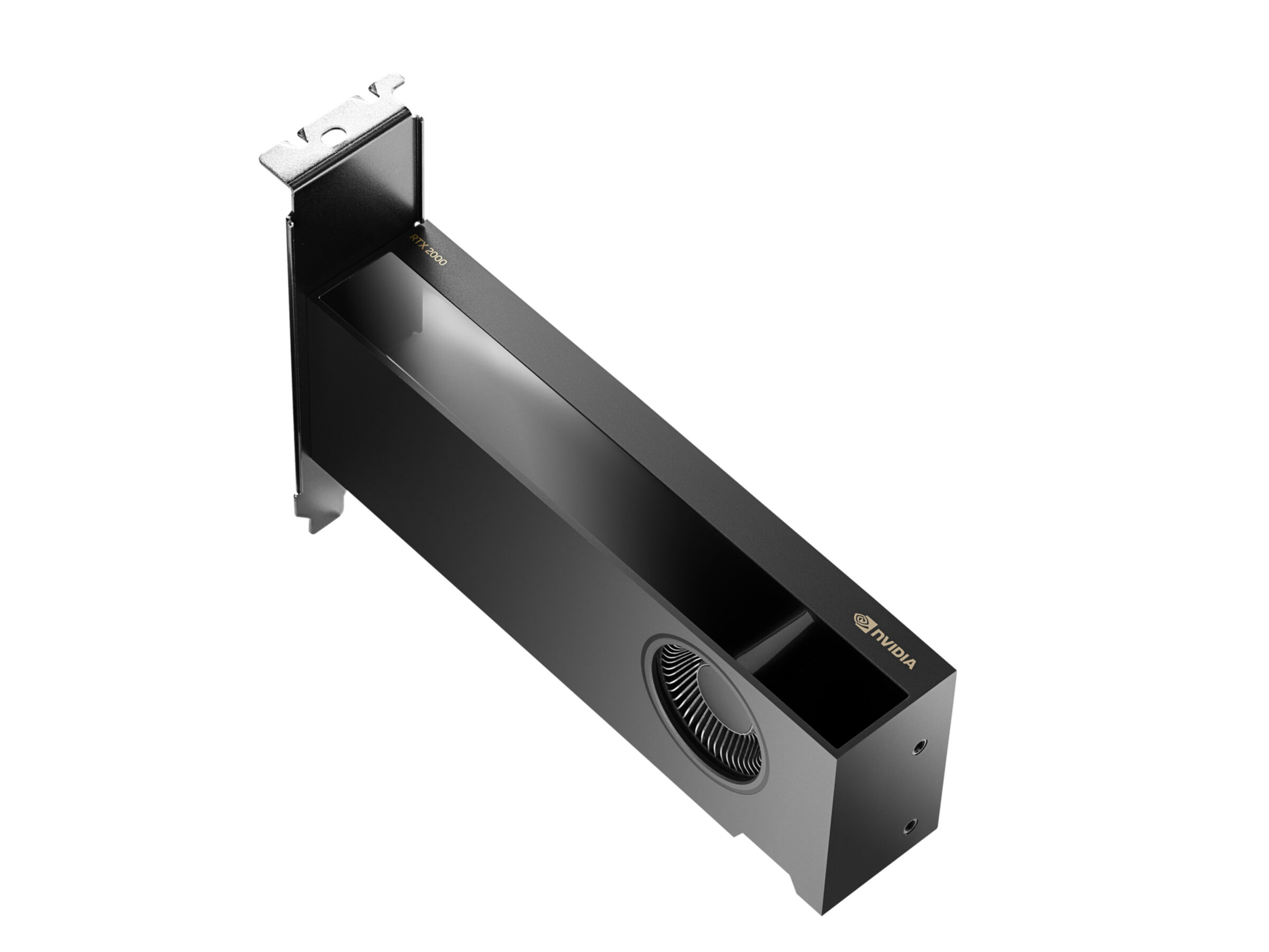 Czarna karta graficzna NVIDIA z jednym wentylatorem, pod kątem na białym tle. Widoczne logo NVIDIA.