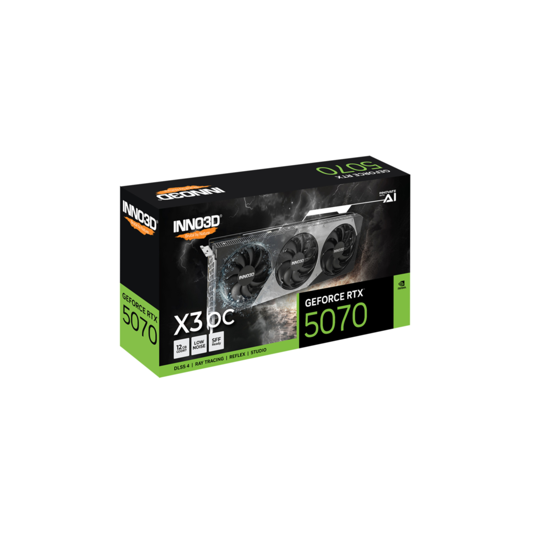 Pudełko karty graficznej Inno3D GeForce RTX 5070. Pudełko jest czarne i zielone i pokazuje kartę.