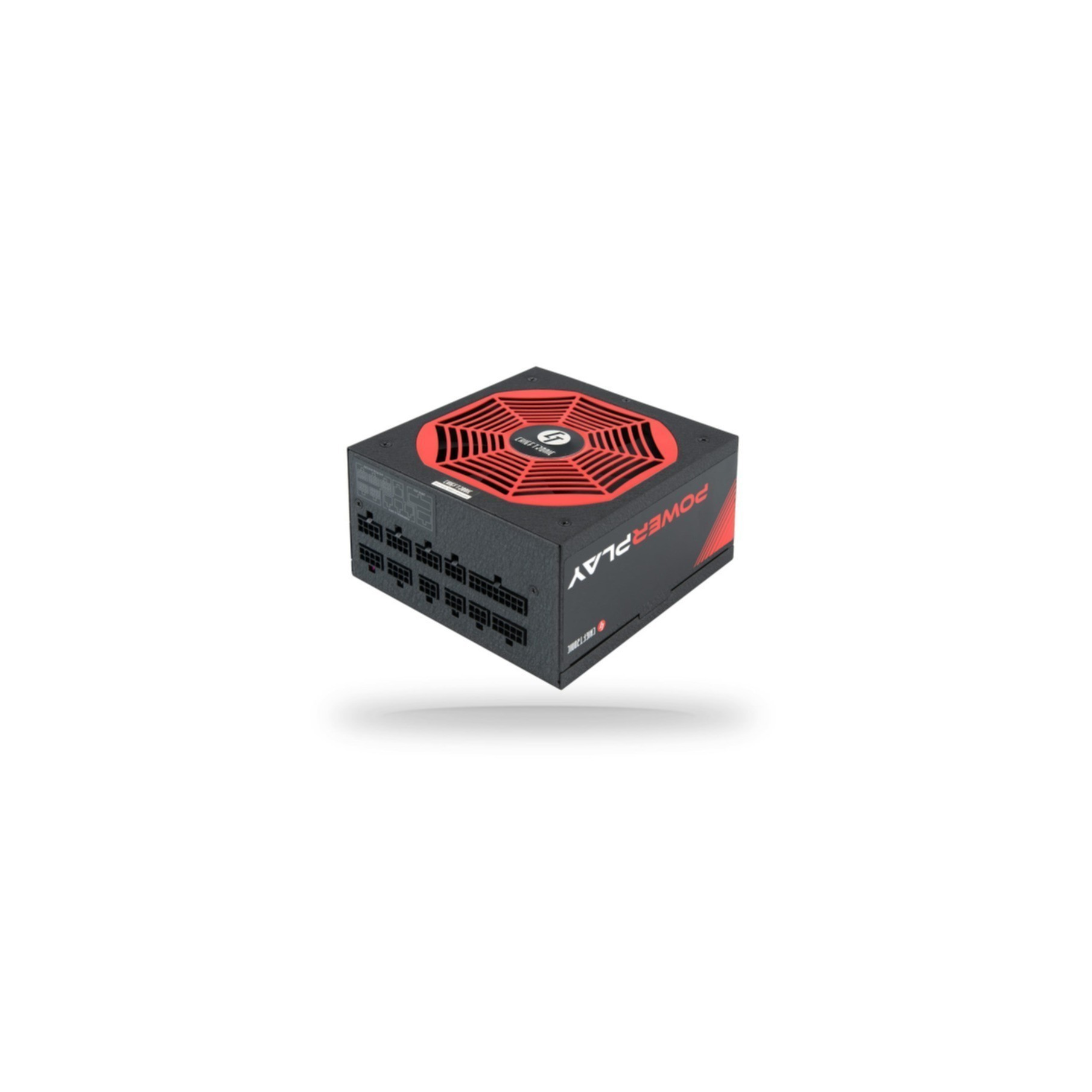 Un alimentatore PowerPlay nero e rosso, con una griglia della ventola rossa. Sfondo bianco.
