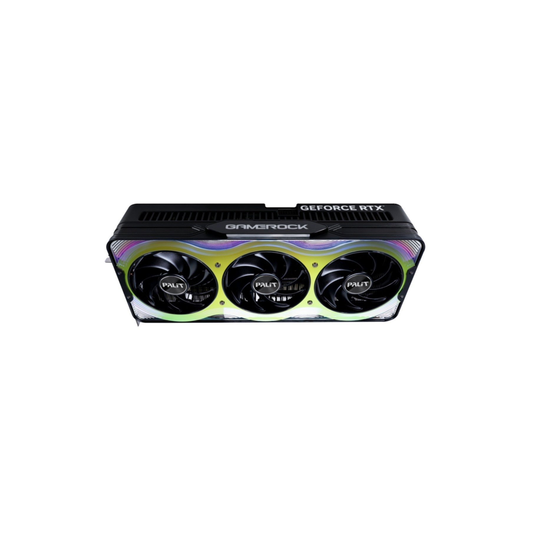 Scheda grafica Palit GAMEROCK nera con tre ventole, illuminazione RGB, su sfondo bianco.
