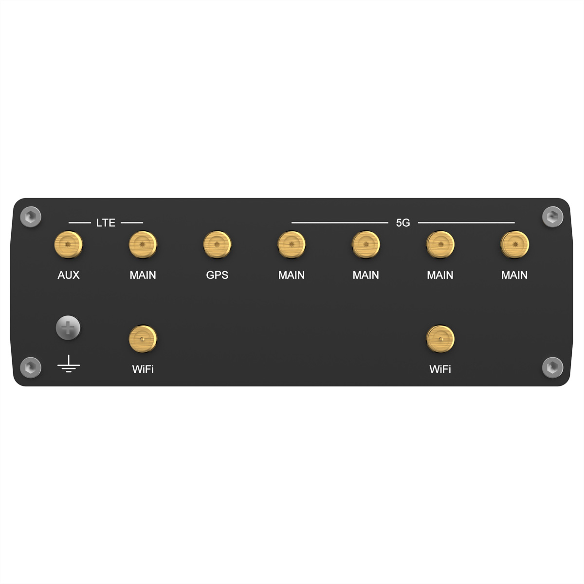 Een zwart apparaat met gouden connectoren. Het heeft verschillende antennes en wat tekst.