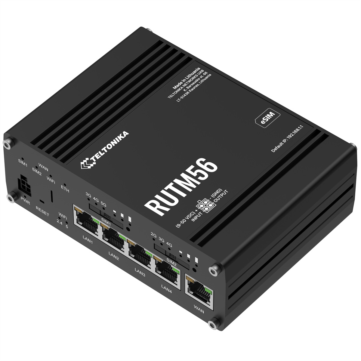 Een zwart netwerkapparaat RUTM56 met poorten, SIM-slots en Teltonika-logo.