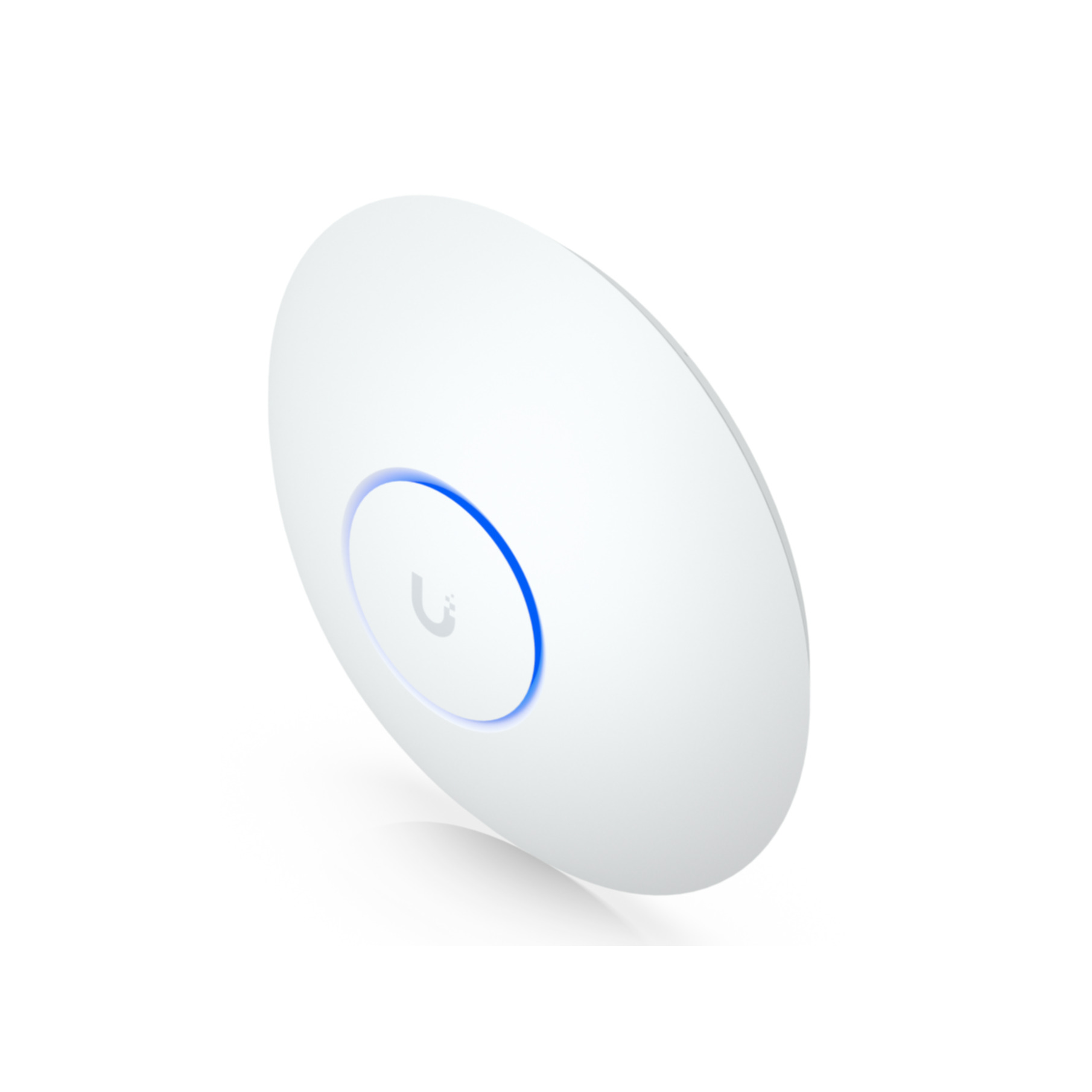 Un appareil blanc de forme ovale avec une lumière bleue. La marque est Ubiquiti.