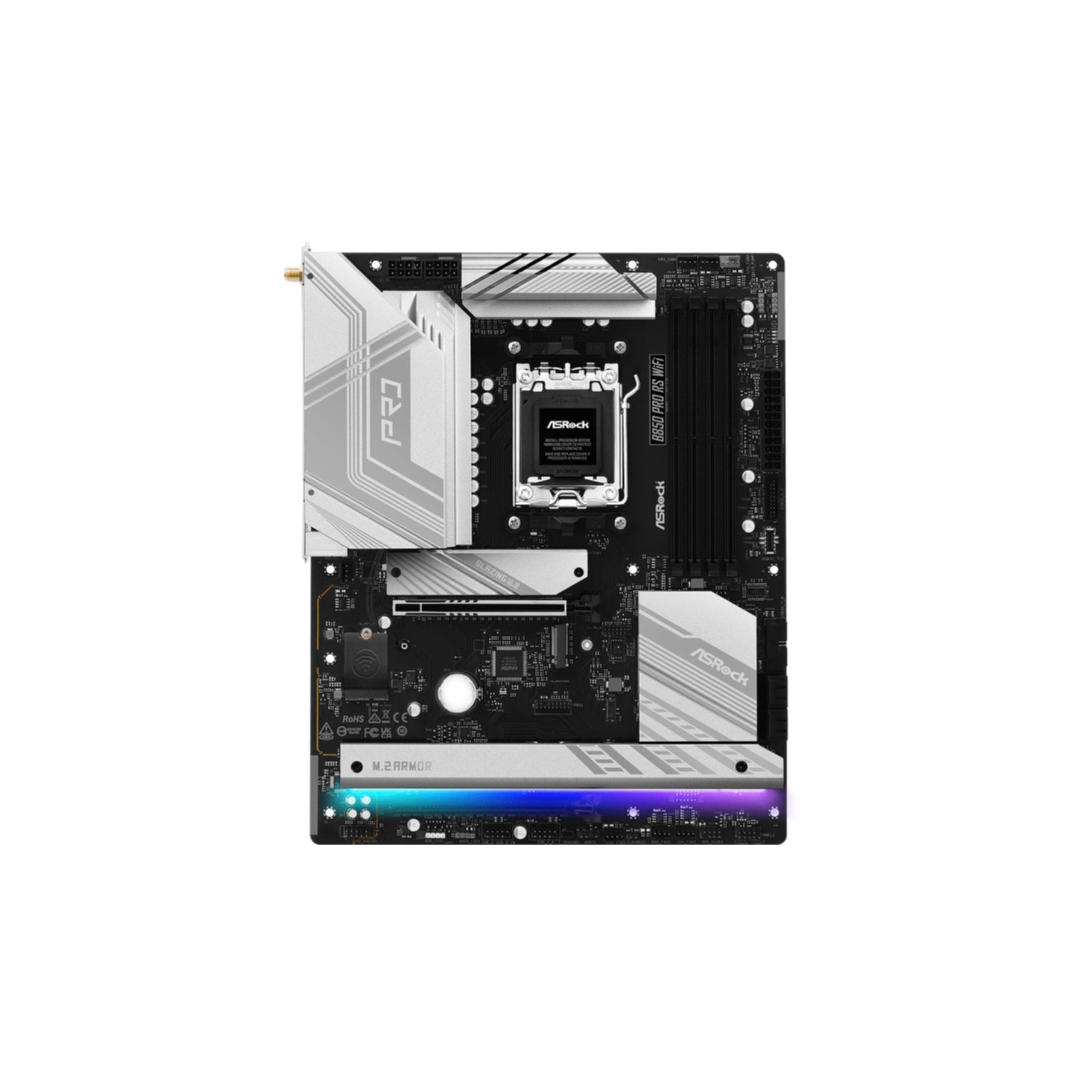 Płyta główna, czarna i srebrna, z białym panelem i kolorowym podświetleniem M.2 Armor. Czarna ramka.