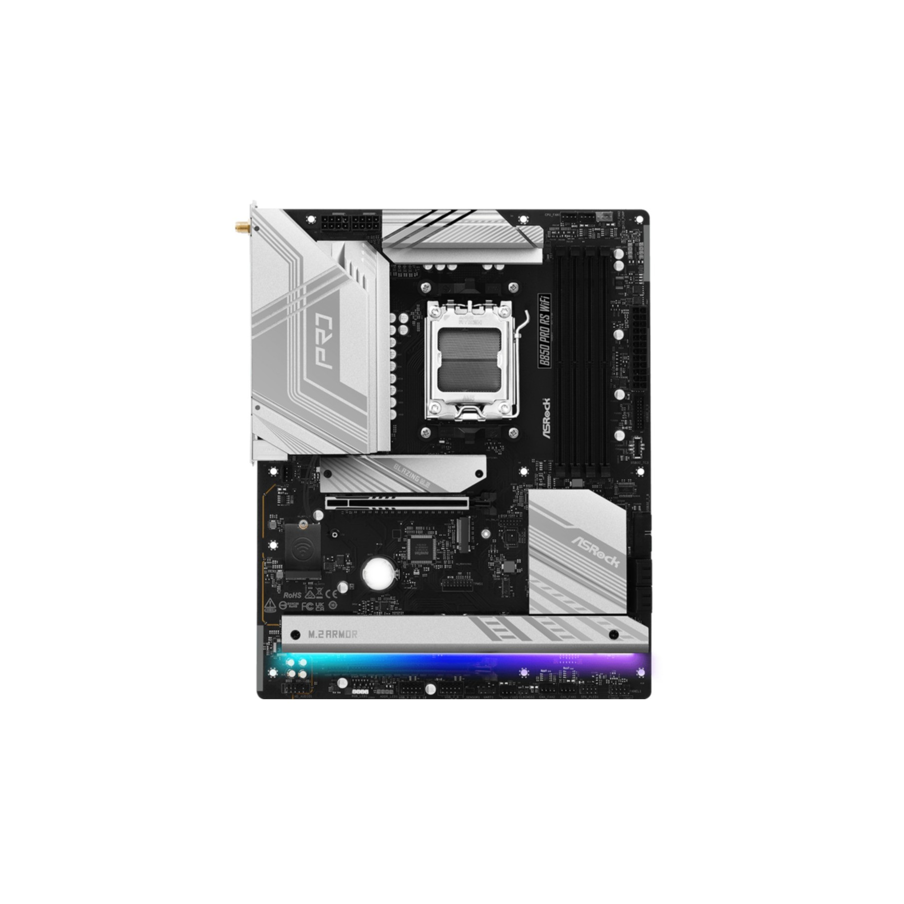 Płyta główna, czarna i srebrna, z białym panelem i kolorowym podświetleniem M.2 Armor. Czarna ramka.