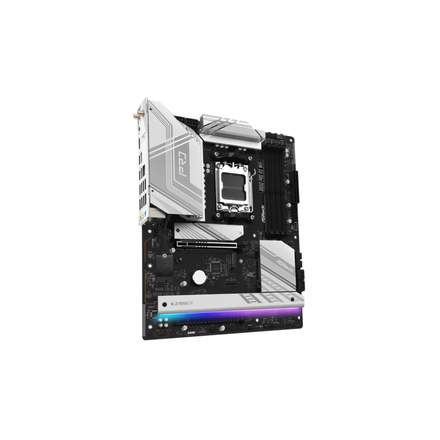 Płyta główna komputera, szaro-biała z czarnymi elementami.