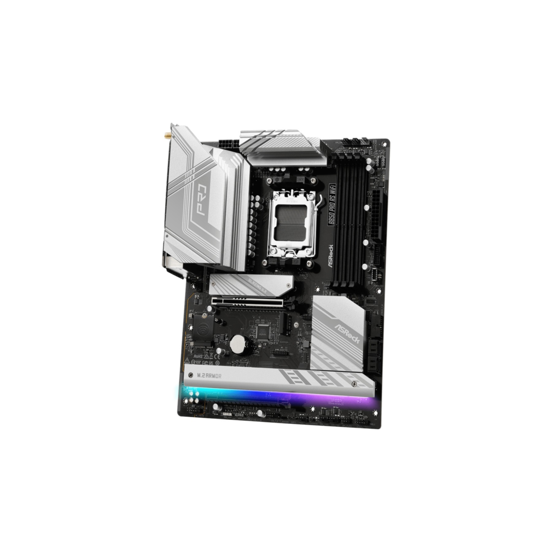 Płyta główna, czarna i srebrna, z białym panelem i kolorowym podświetleniem M.2 Armor. Czarna ramka.