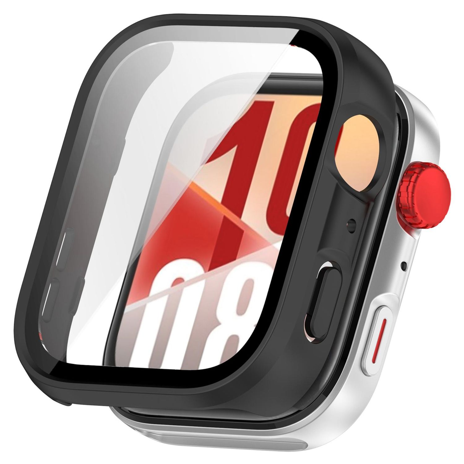 Smartwatch argentato con cassa nera e pulsante rosso, schermo con numeri. Copertura protettiva trasparente.