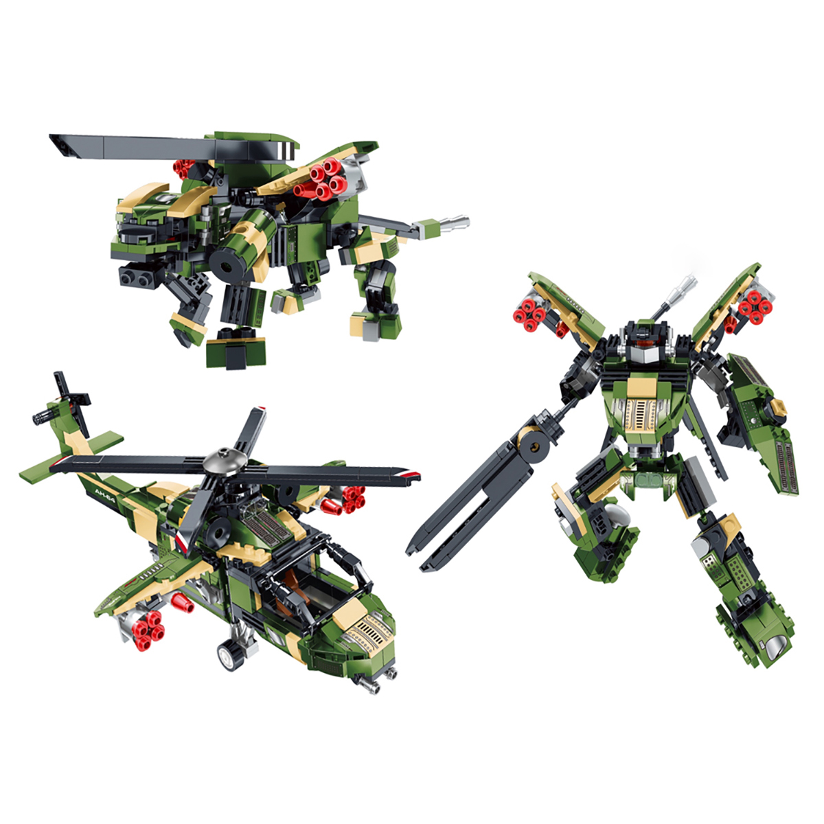 Drei Spielzeug-Militärfahrzeuge: ein Hubschrauber, ein Jet und ein Roboter, alle aus grünen und braunen Bausteinen.