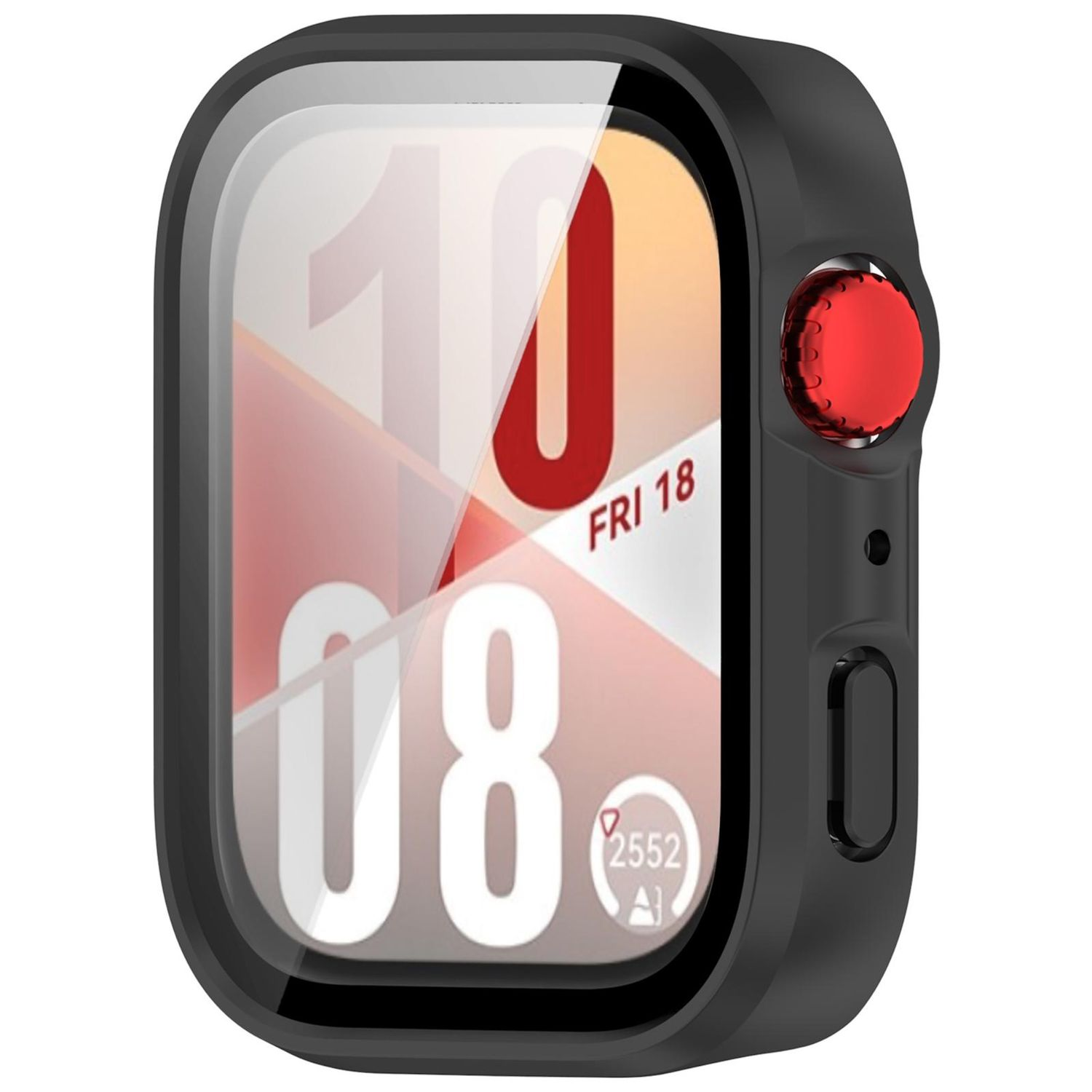 Custodia per smartwatch nera con pulsante rosso, schermo che mostra ora e data. Copertura protettiva trasparente.