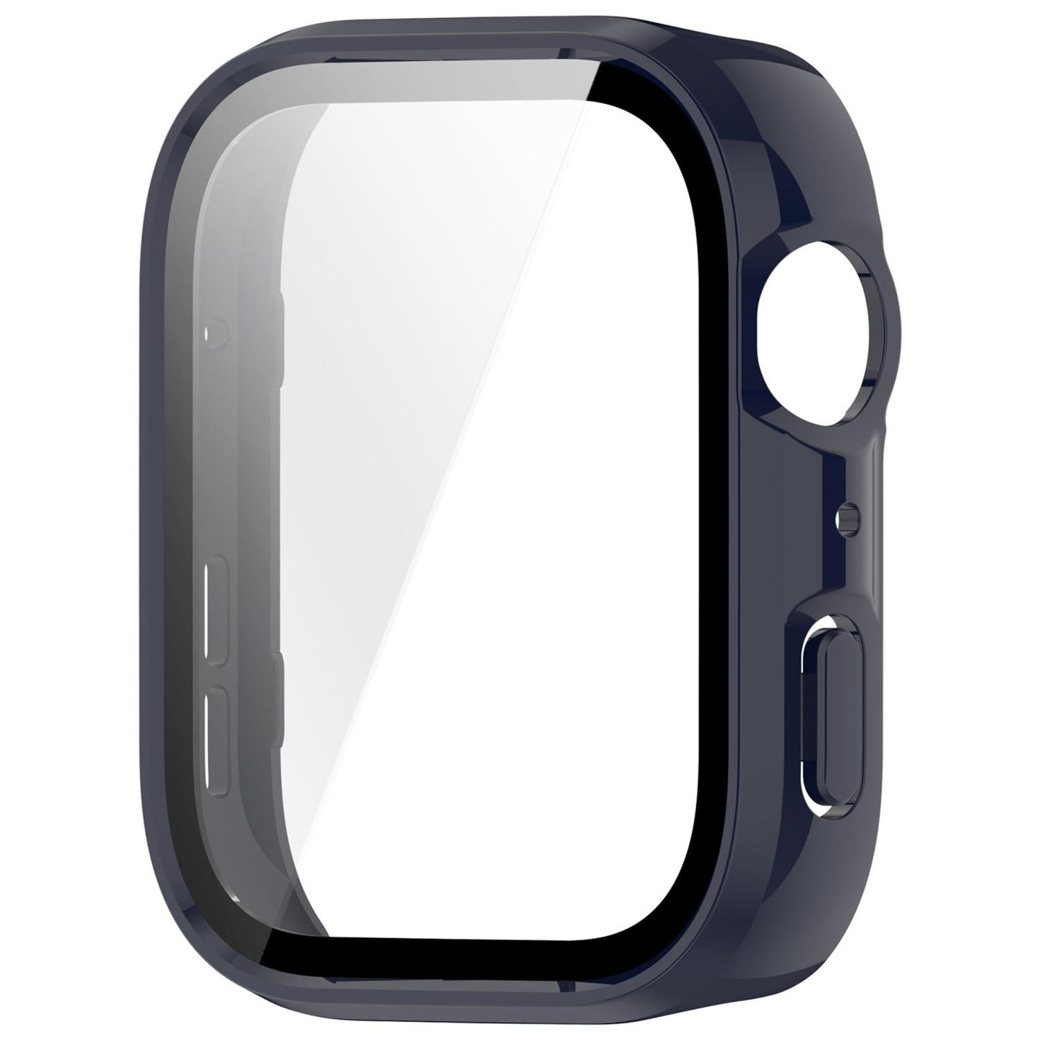 Dunkelblaues Smartwatch-Gehäuse mit klarer Schutzhülle, ohne Uhr im Inneren.