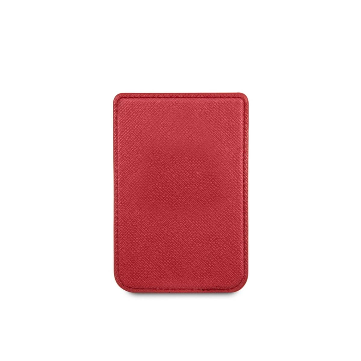 Carta rettangolare rossa con bordi cuciti, su sfondo bianco. Colore rosso pieno e uniforme.