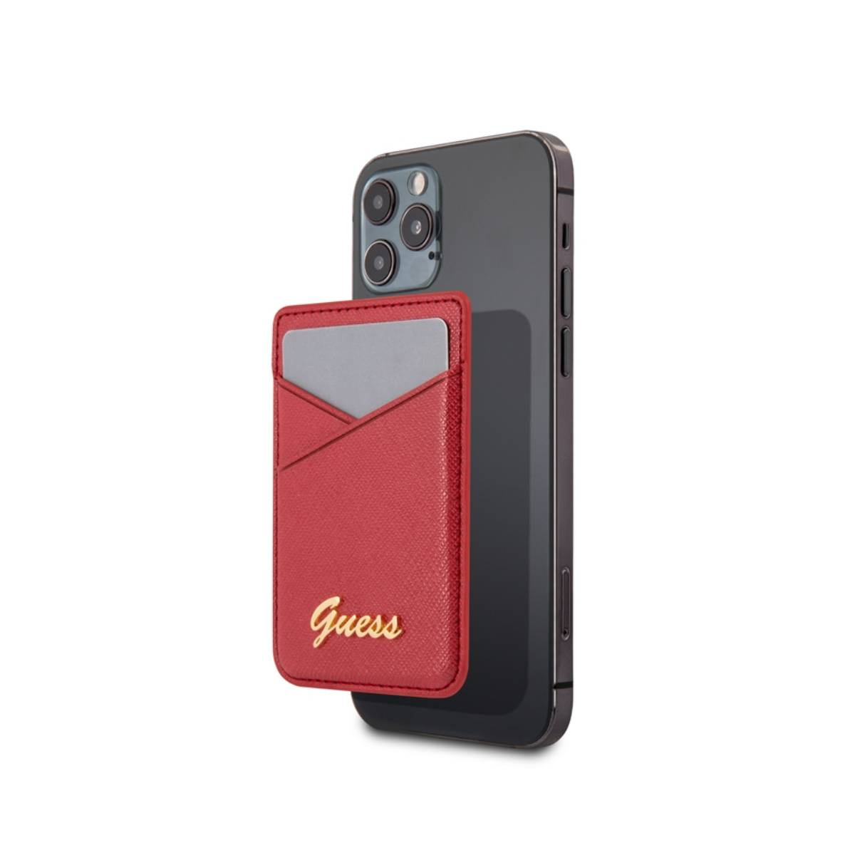 Portafoglio rosso Guess su un telefono nero. Carta grigia nel portafoglio. Sfondo bianco.