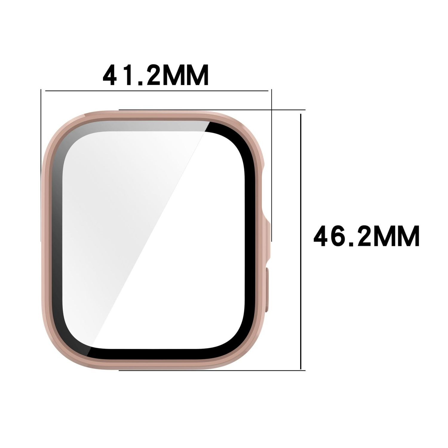 Protezione schermo orologio. Custodia rosa con schermo trasparente, dimensioni: 41,2 mm x 46,2 mm. Sfondo bianco.