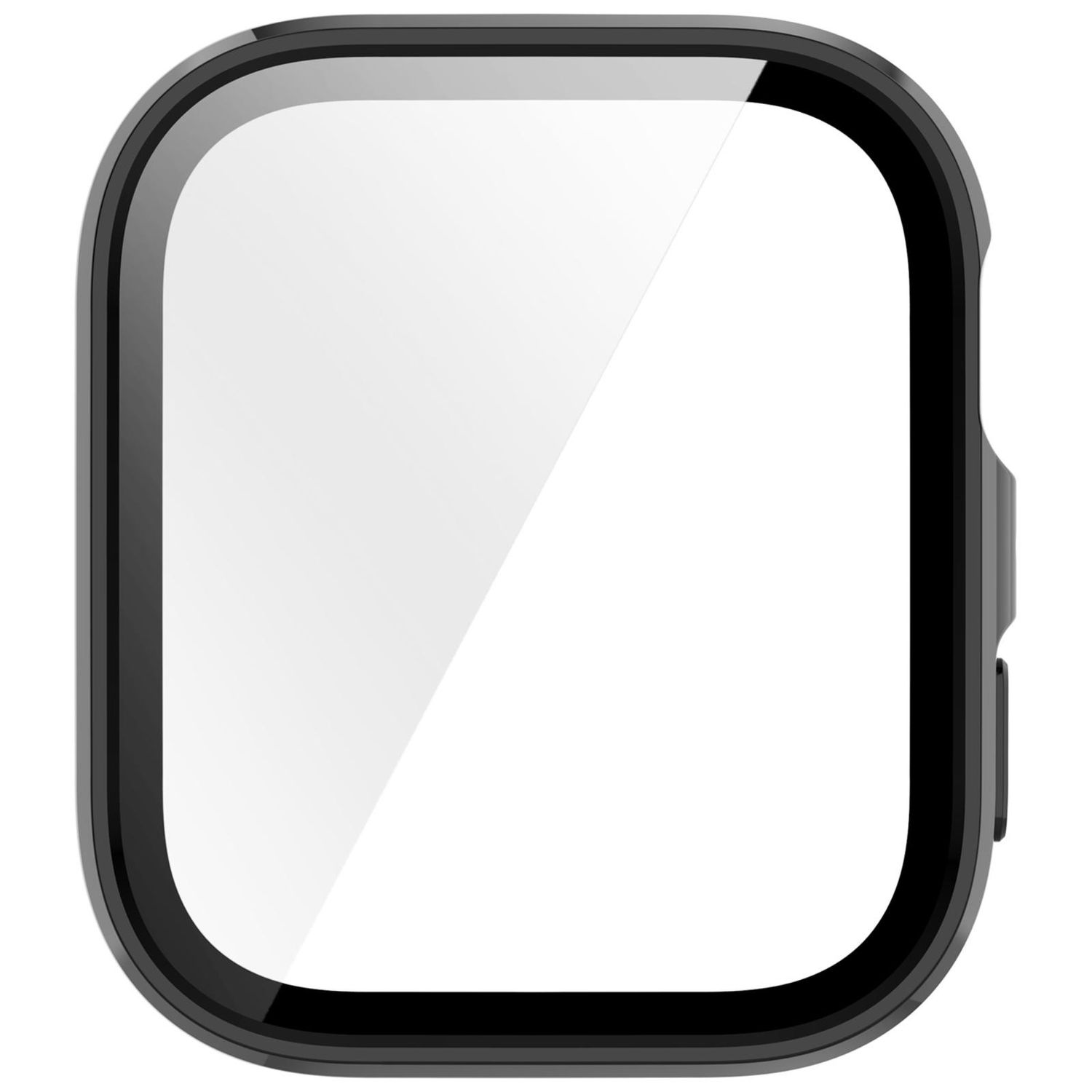 Schwarzes Uhrengehäuse mit klarem Bildschirm. Das Gehäuse hat eine quadratische Form und bedeckt die Uhr.