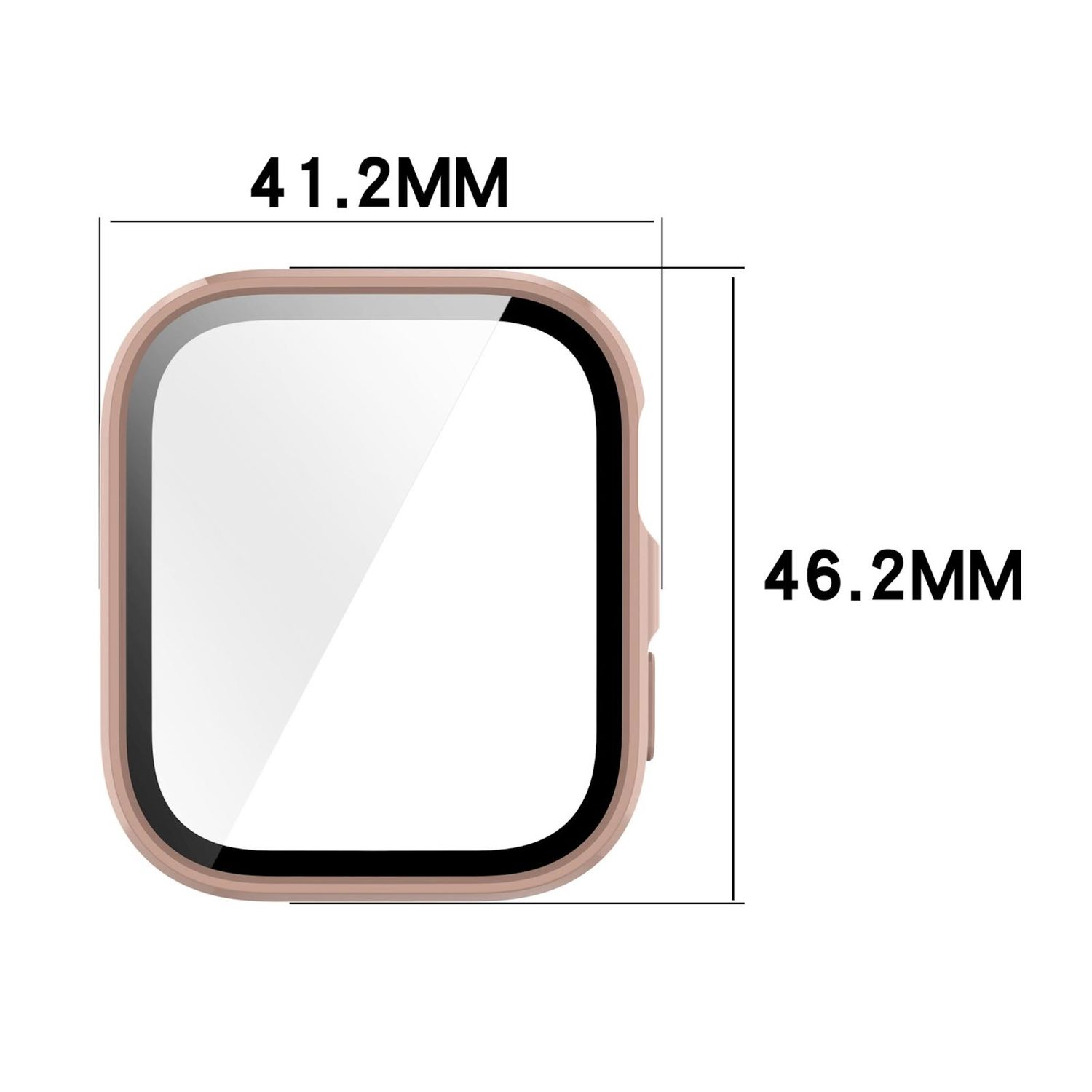 Cassa dell'orologio con dimensioni di 41,2 mm per 46,2 mm. La cassa è rosa chiaro.