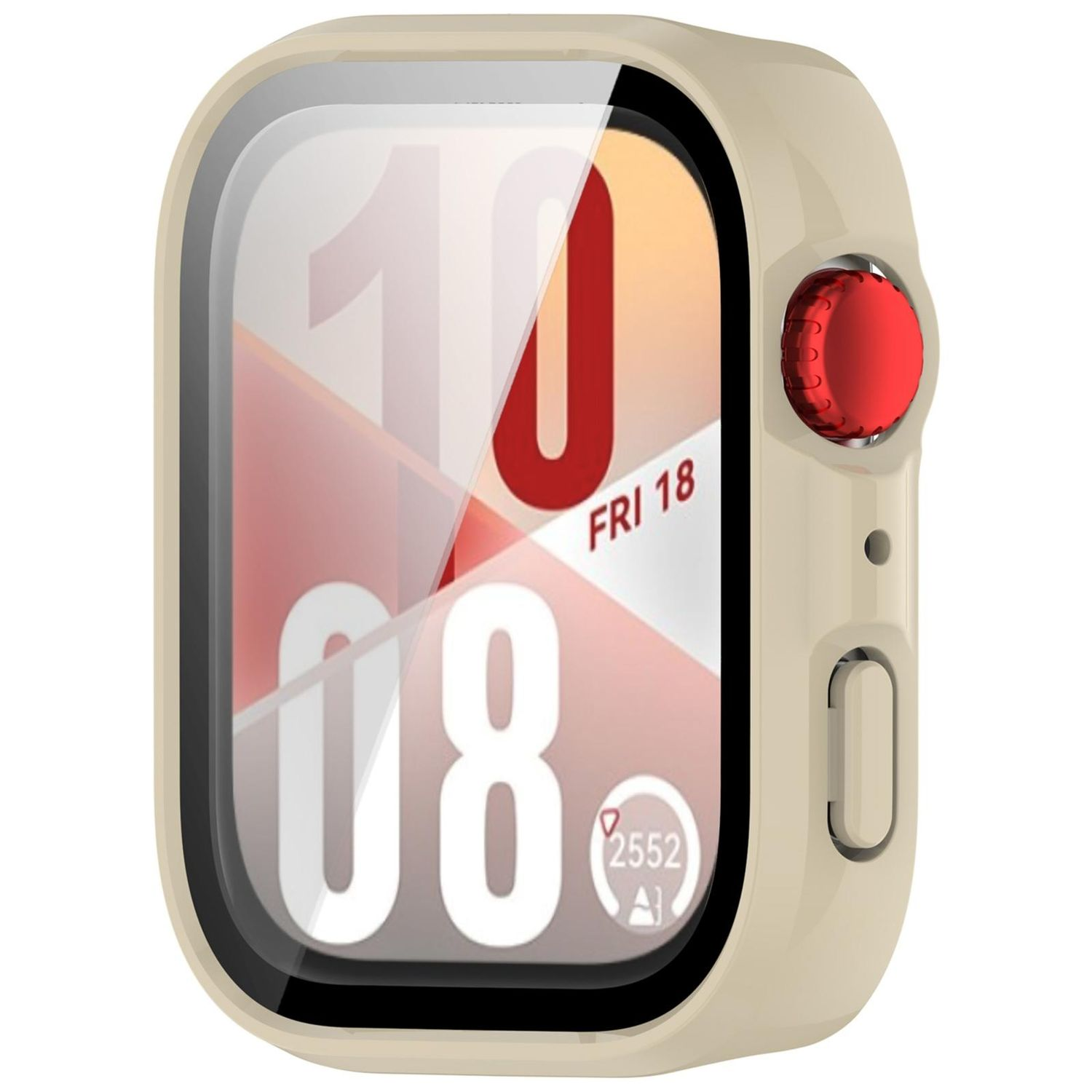 Beige Uhrengehäuse mit Bildschirm. Die Uhr zeigt die Uhrzeit und das Datum an. Ein roter Knopf ist sichtbar.