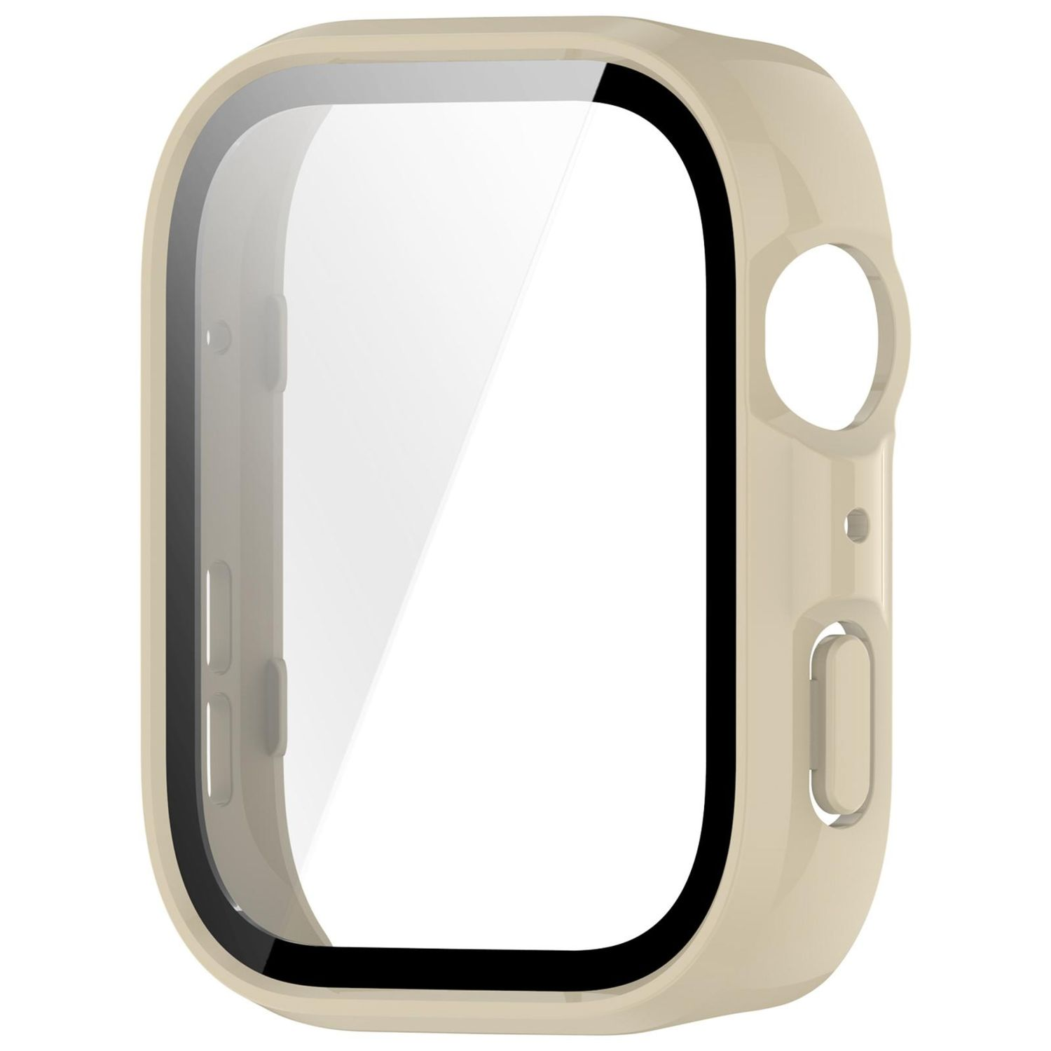 Beige Smartwatch-Hülle mit schwarzem Rand um den Bildschirm. Es ist eine Nahaufnahme.