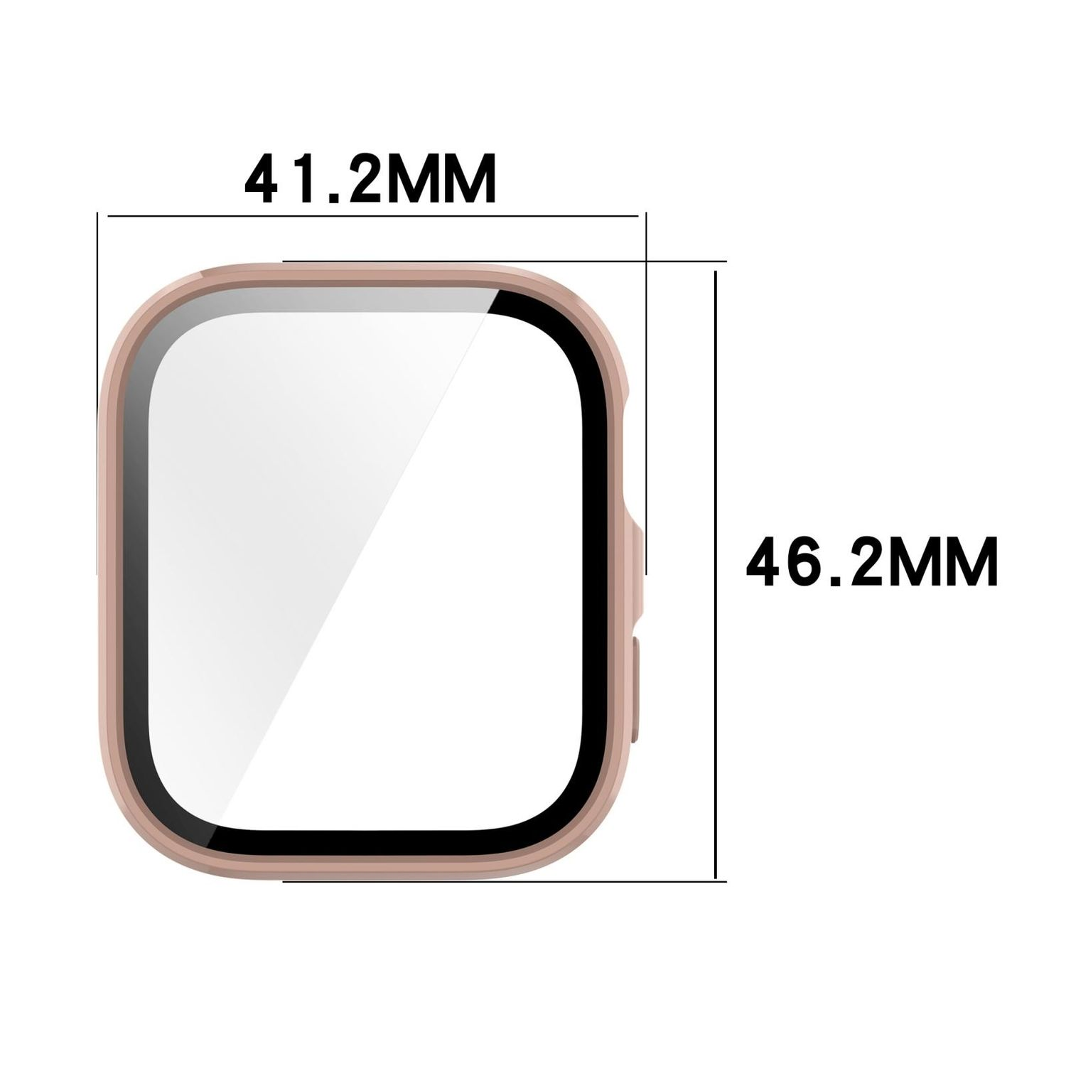 Uhrenschutz. Rosa Gehäuse mit klarem Bildschirm, Abmessungen: 41,2 mm x 46,2 mm. Weißer Hintergrund.