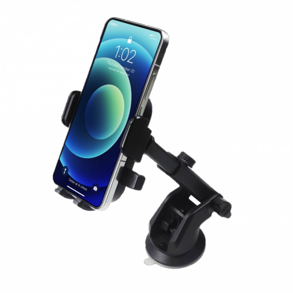 Supporto per telefono nero con uno smartphone che mostra l'ora. Ha una base a ventosa.