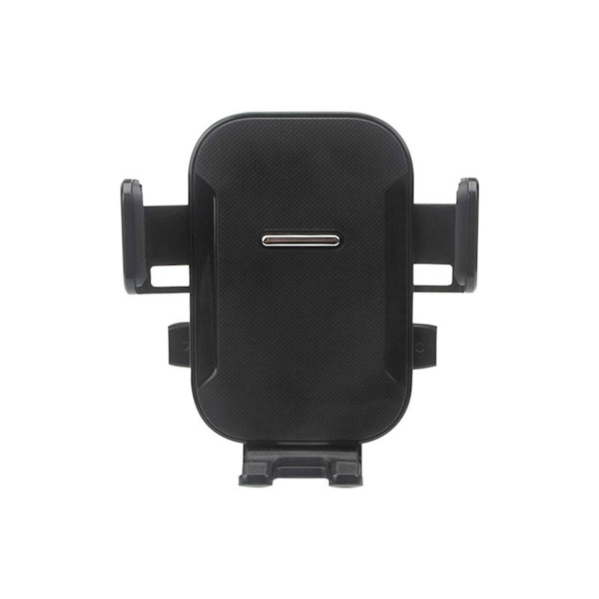 Supporto per telefono nero per auto. Ha due bracci per tenere un telefono.