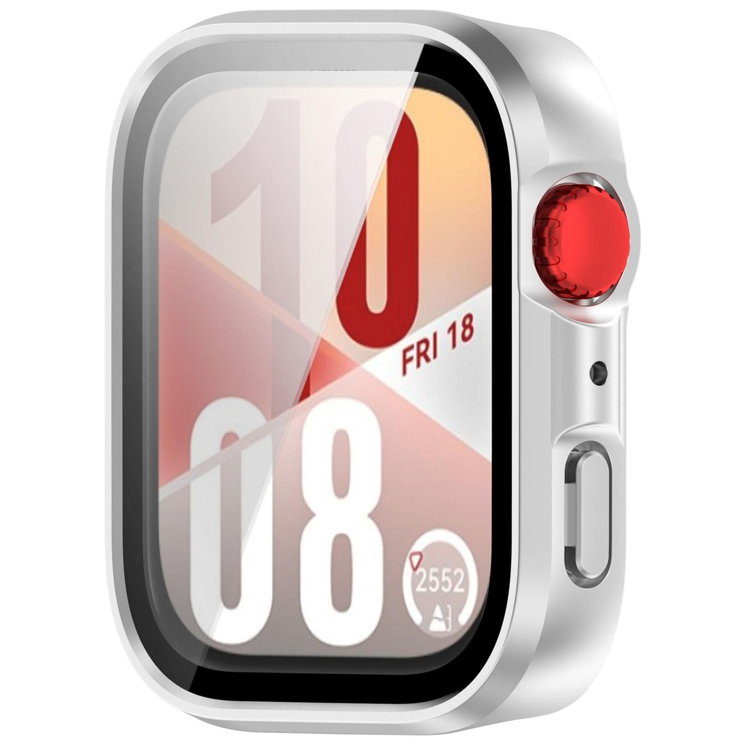 Una cassa per orologio argentata con schermo che mostra data e ora. Un pulsante rosso è visibile sul lato.