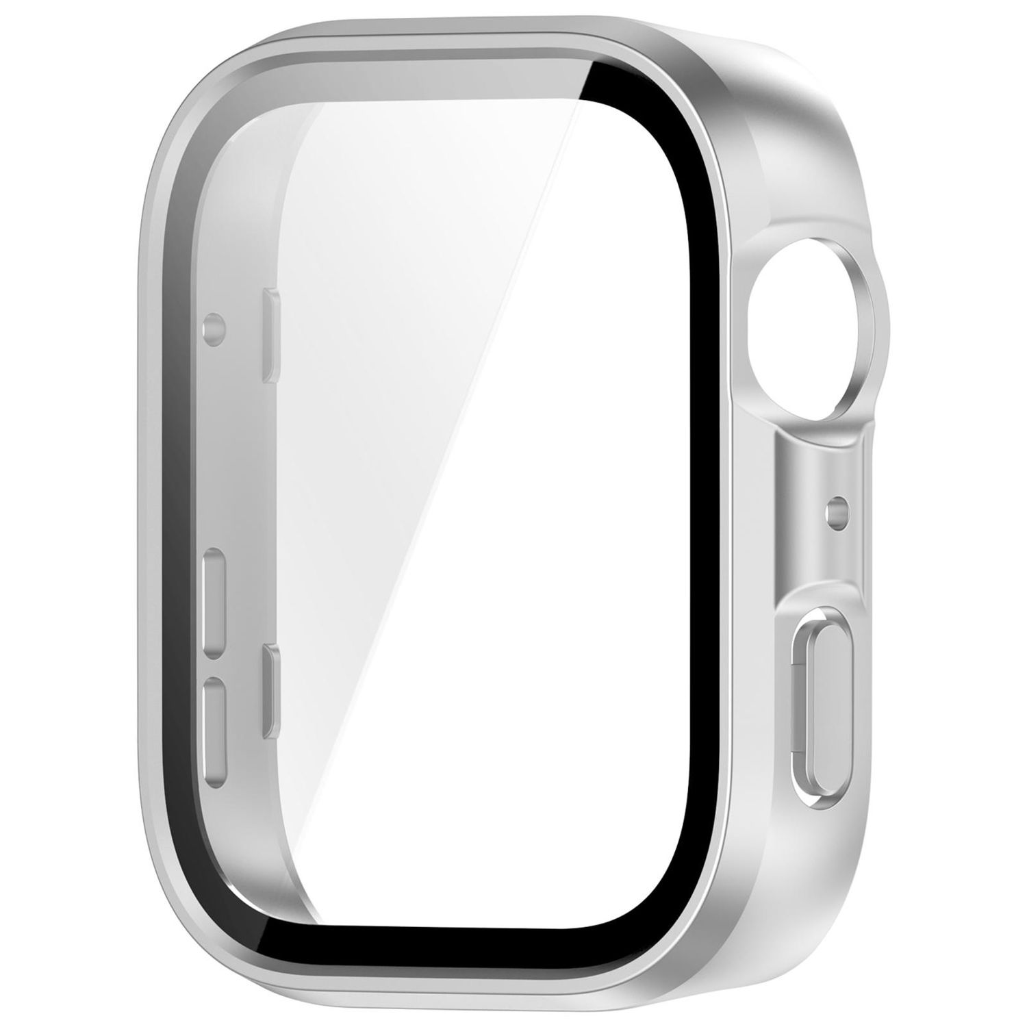 Una cassa per orologio argentata con schermo trasparente. La cassa ha un pulsante laterale e si adatta a uno smartwatch.