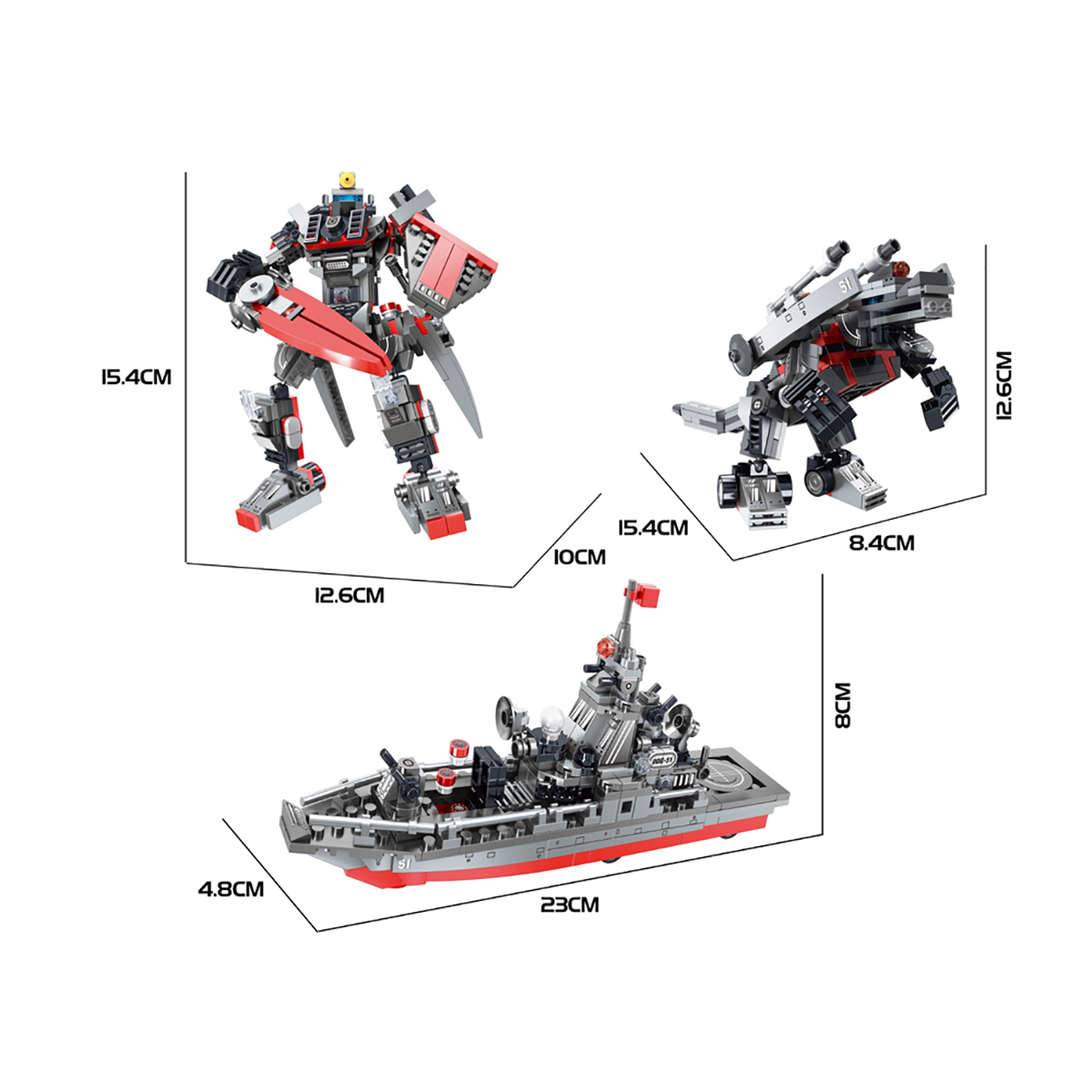 Drei Spielzeugroboter und ein Spielzeugschiff. Die Roboter sind rot, silber und schwarz. Das Schiff ist grau und rot.