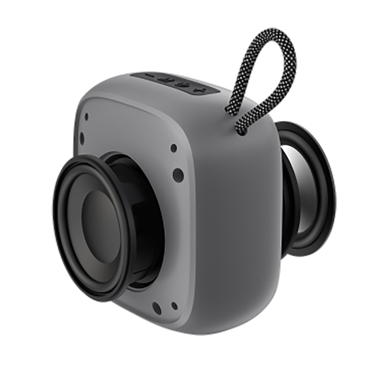 Grey speaker with two black speakers, a black strap and a few buttons on top.