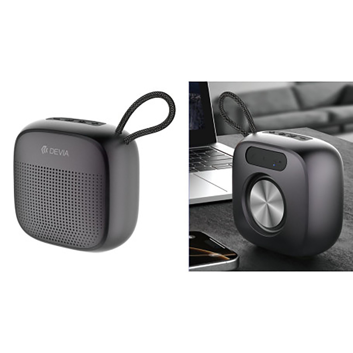 Black, square speaker with a carrying loop. Image shows the speaker on a desk, a laptop, and a phone.