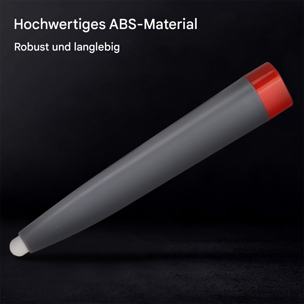 Ein grauer Stift mit roter Spitze und weißem Oberteil auf schwarzem Hintergrund, mit Text, der ABS-Material angibt.