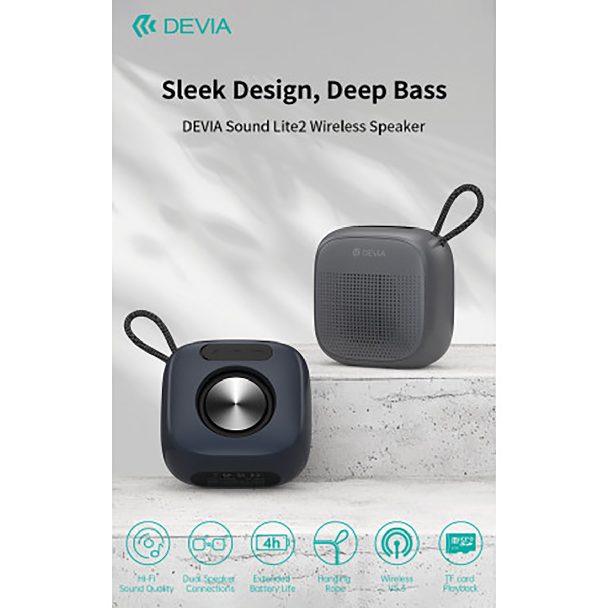 Two black and blue square speakers with a carrying loop. Text on the image indicates 