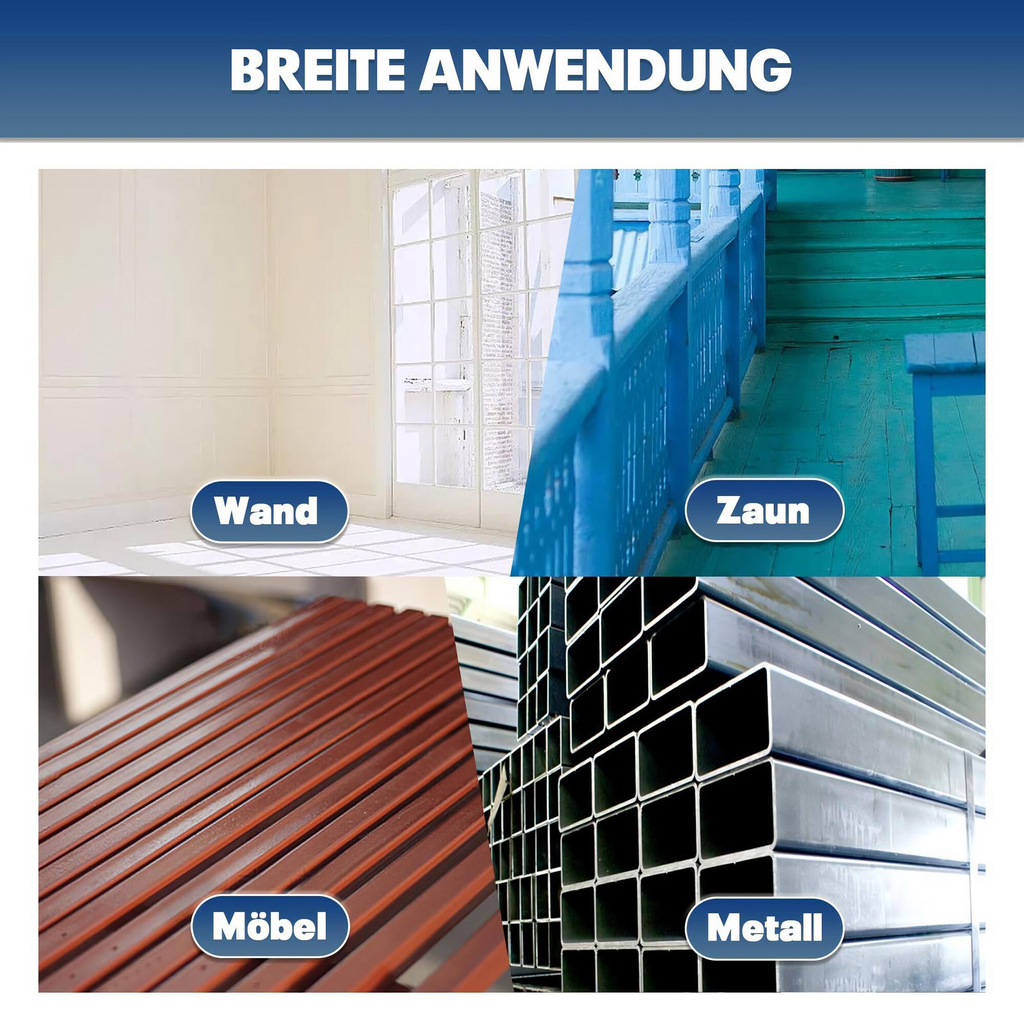 Bild zeigt Anwendungen: Wand, Zaun, Möbel und Metall, zeigt Vielseitigkeit.