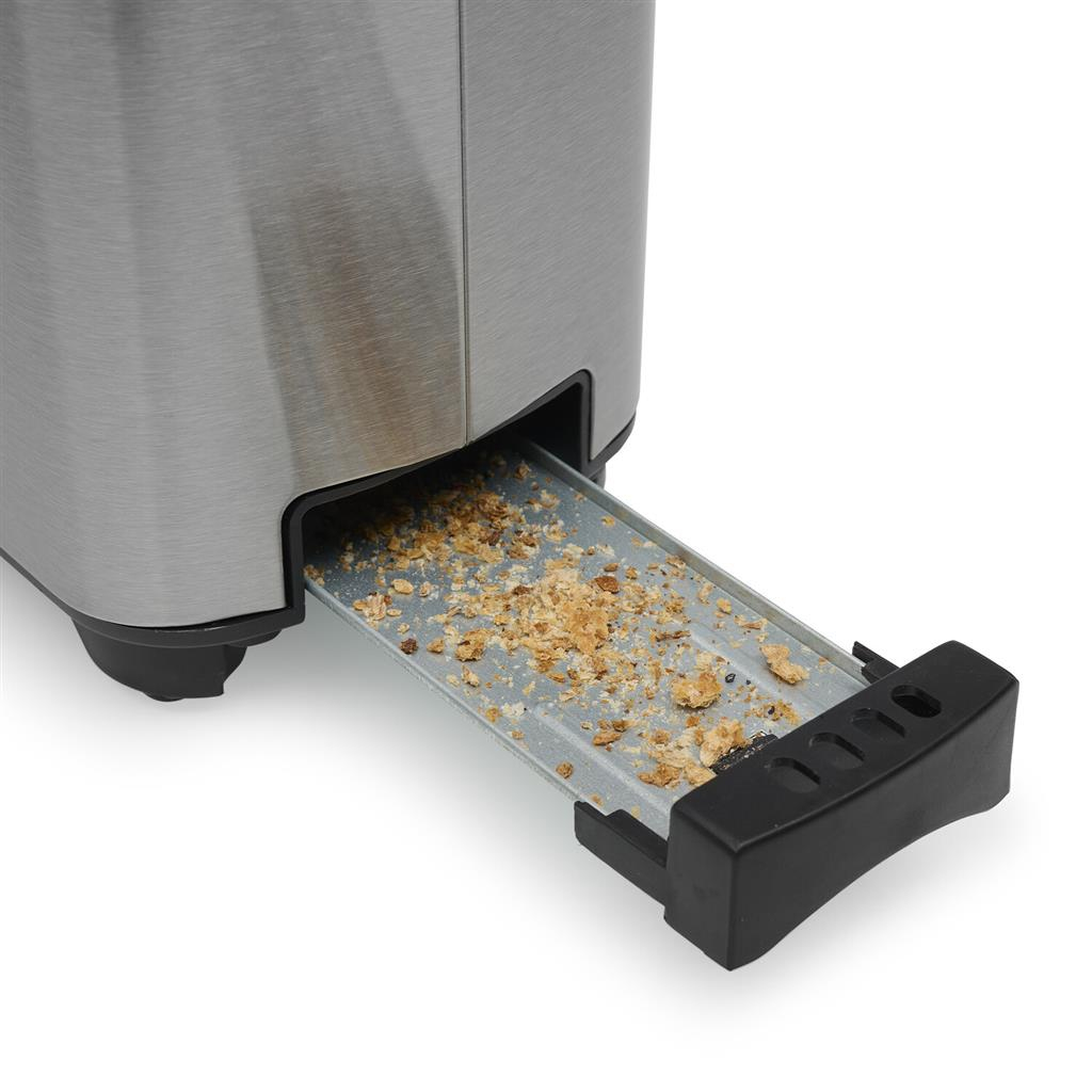 Zbliżenie tacki na okruchy tostera wypełnionej okruchami, ze stalową obudową.