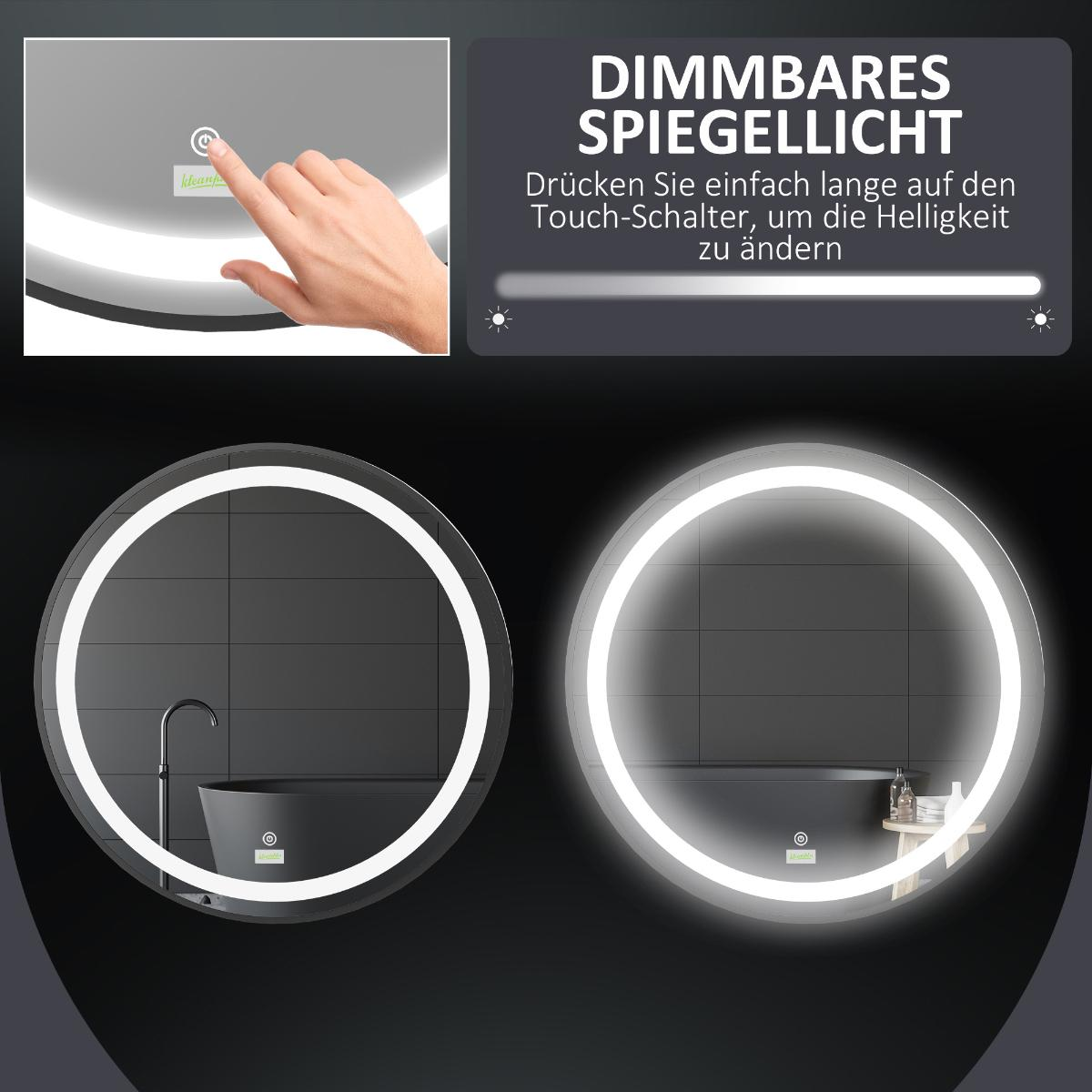 Nahaufnahme eines runden Spiegels und einer Hand, die den Touch-Schalter berührt, um das Licht zu dimmen.