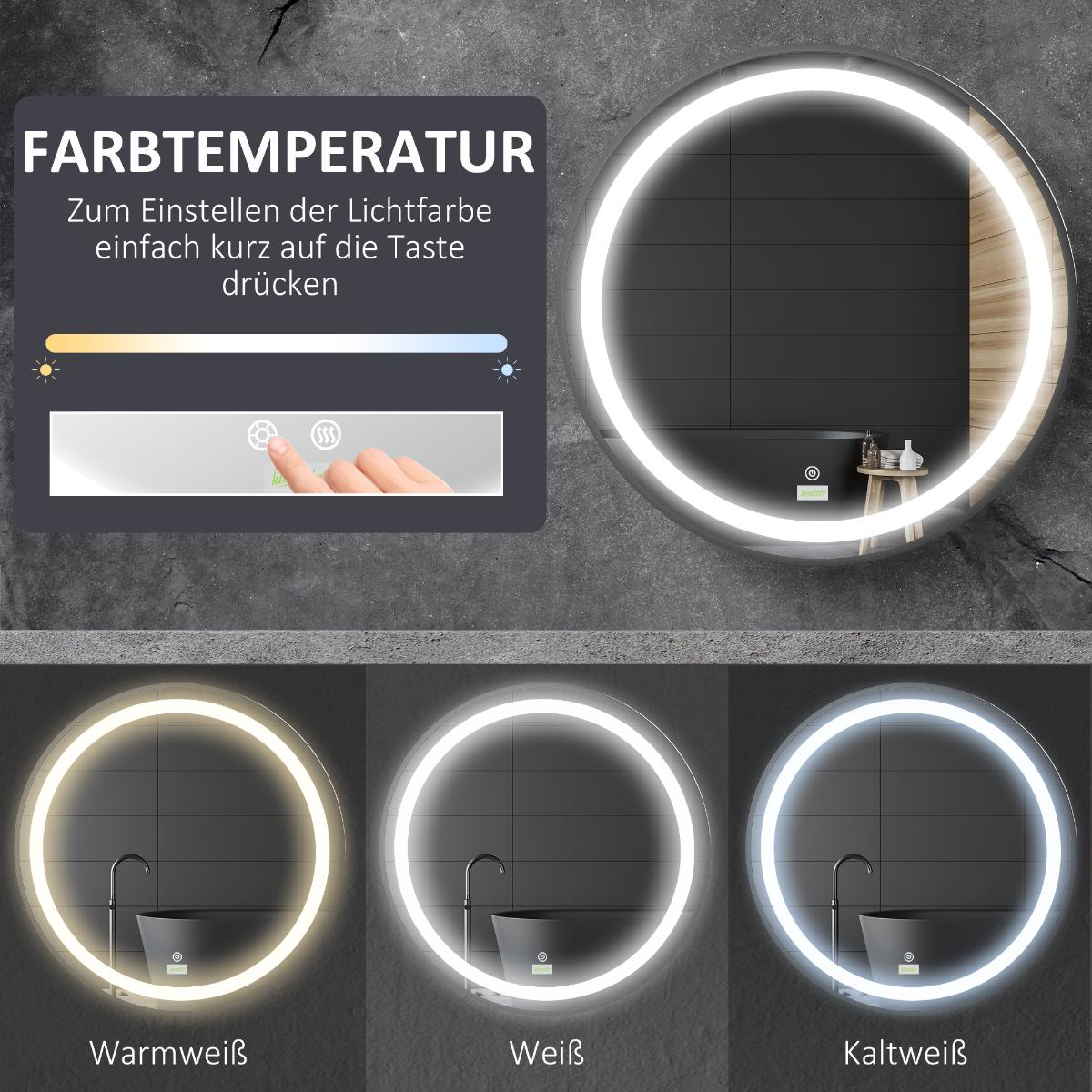 Ein runder, beleuchteter Spiegel mit Touch-Bedienfeld und Illustrationen warmer und kalter Lichtoptionen.