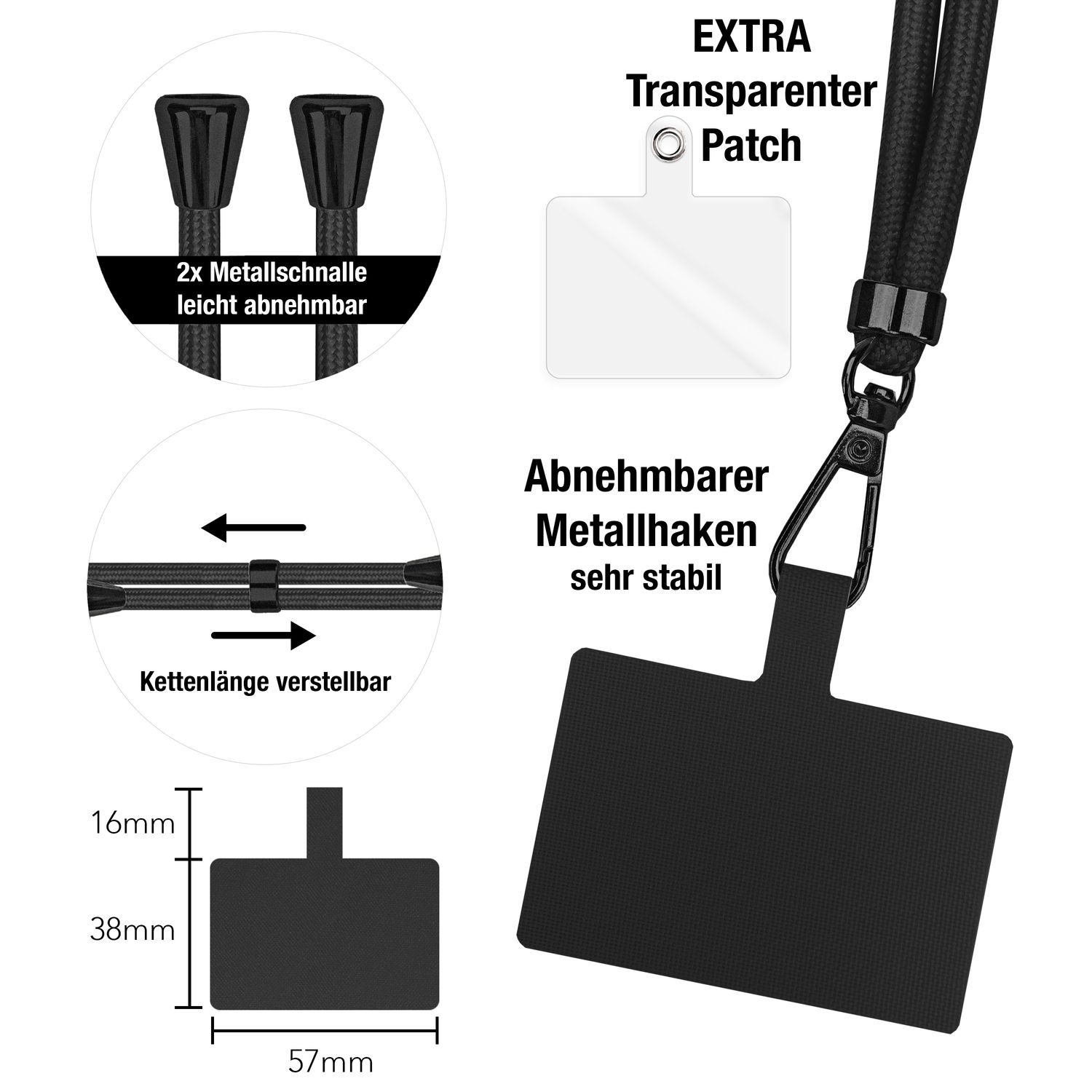 Diagramm mit Maßen und Details von Handyriemenkomponenten. Schwarz und weiß.