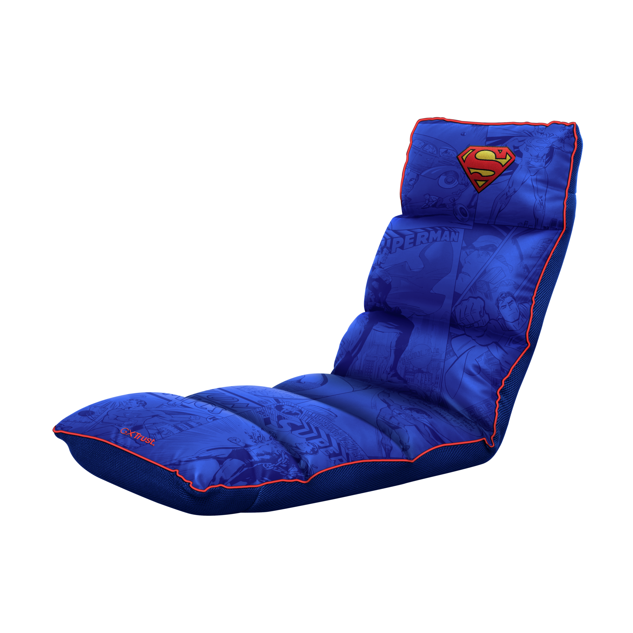 Sedia da pavimento a tema Superman con arte del fumetto. Colori blu e rosso. Vista angolata.