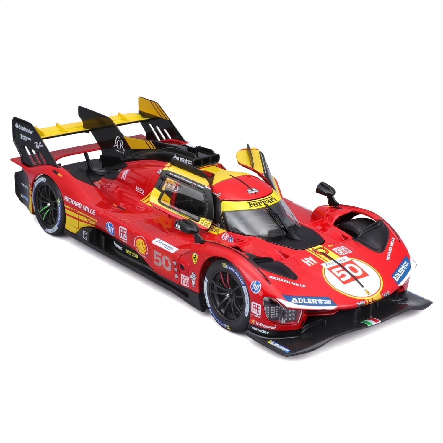 Rotes und gelbes Rennwagenmodell, Ferrari beschriftet. Weißer Hintergrund.