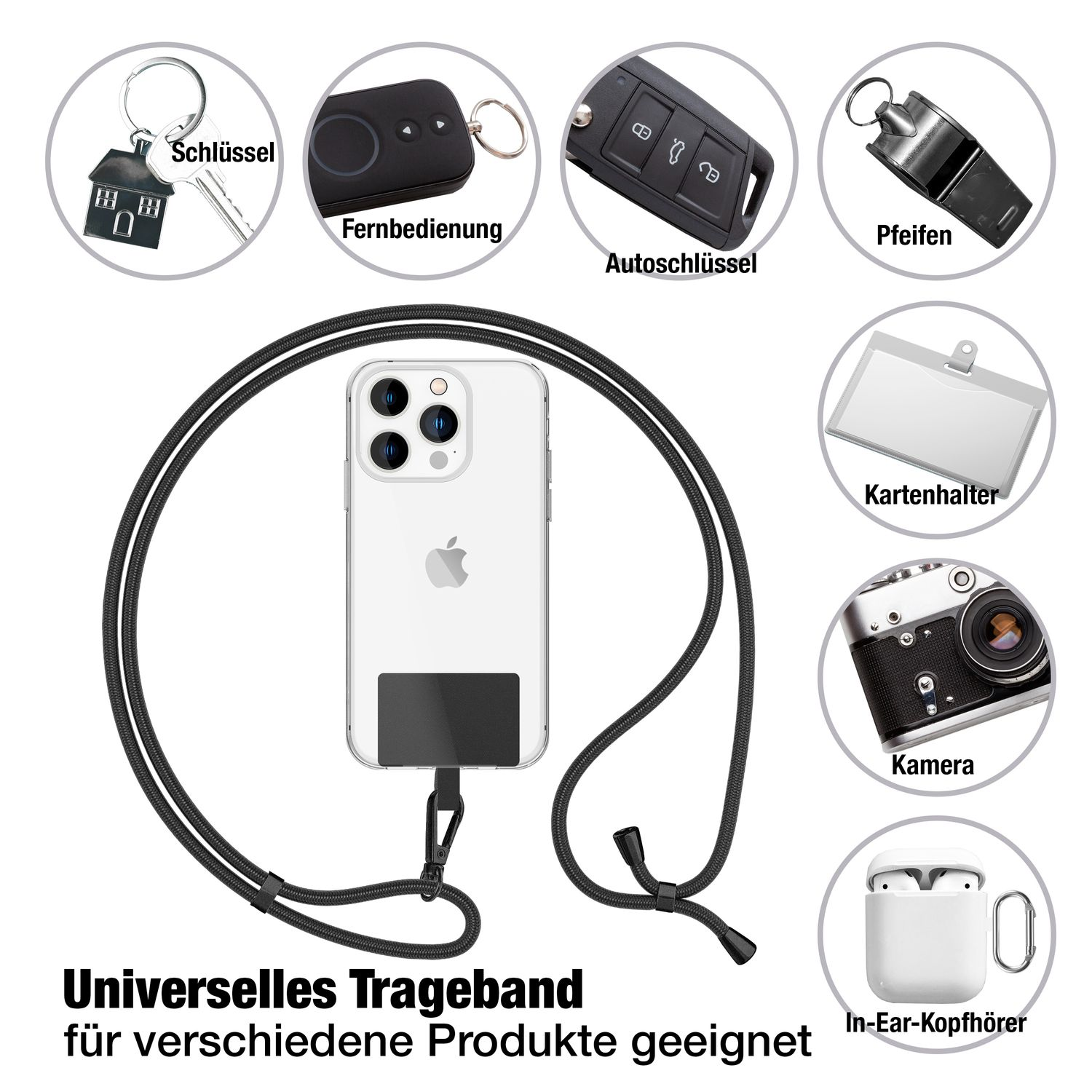Gegenstände auf Weiß: Schlüssel, Fernbedienung, Autoschlüssel, Pfeife, Halter, Kamera, Ohrhörer, Telefon, schwarzes Lanyard.