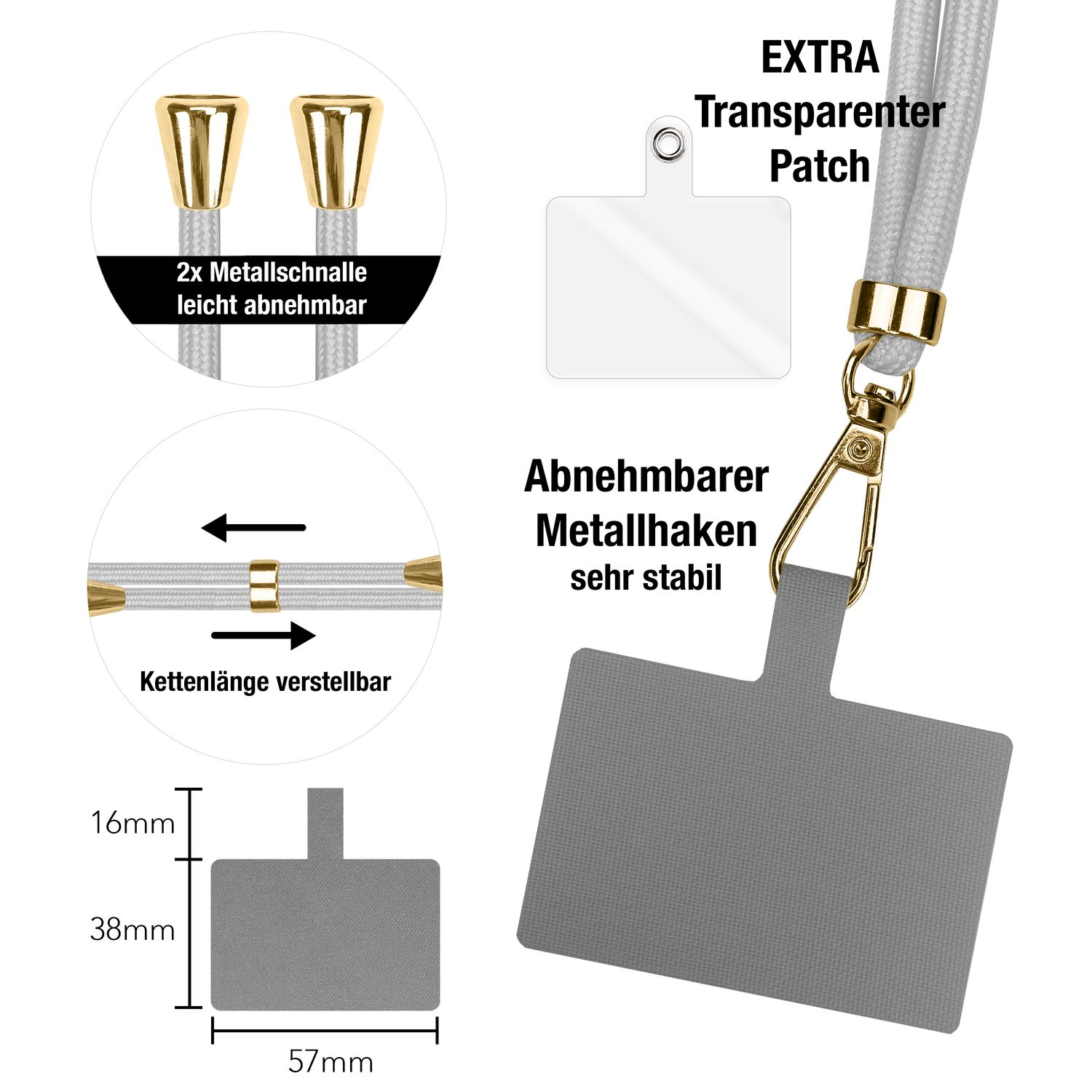 Diagramm mit Handyriemen-Komponenten. Gold- und grau gefärbt mit Maßen.