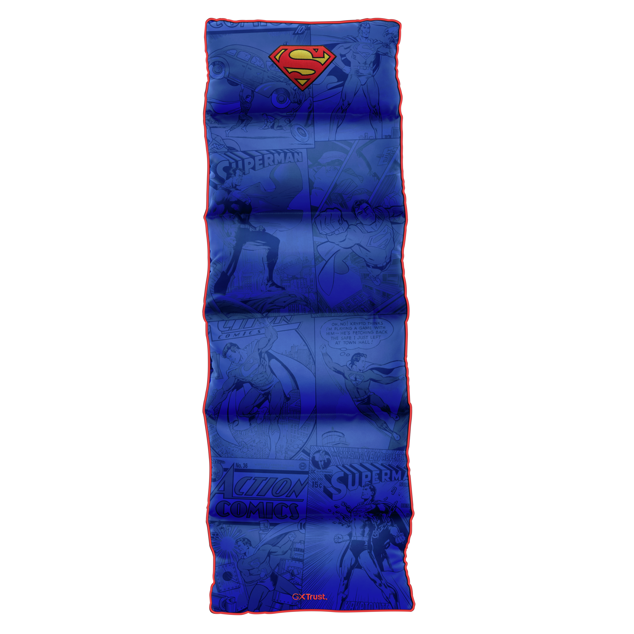 Design a fumetti di Superman su una sciarpa blu con bordo rosso.