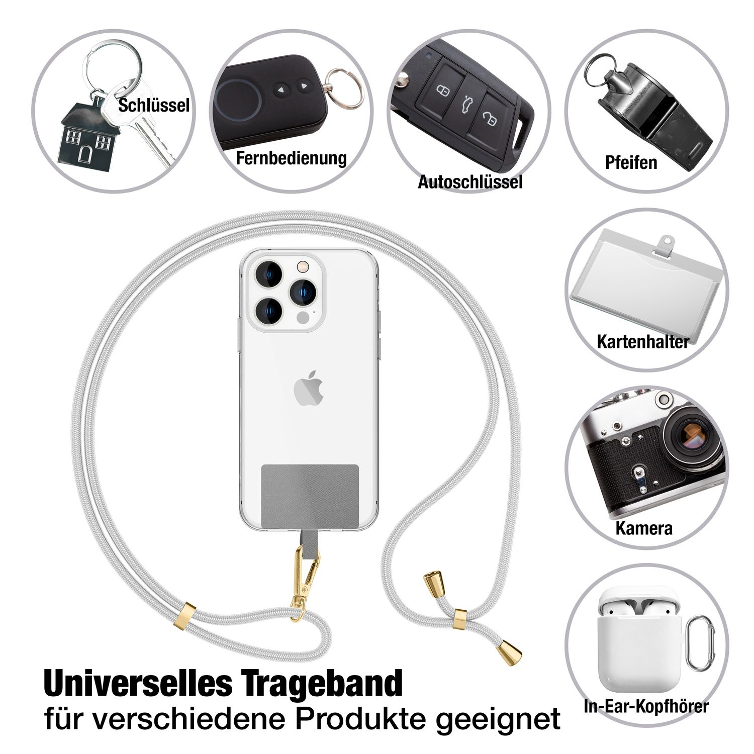 Gegenstände auf Weiß: Schlüssel, Fernbedienung, Autoschlüssel, Pfeife, Halter, Kamera, Ohrhörer, Telefon.