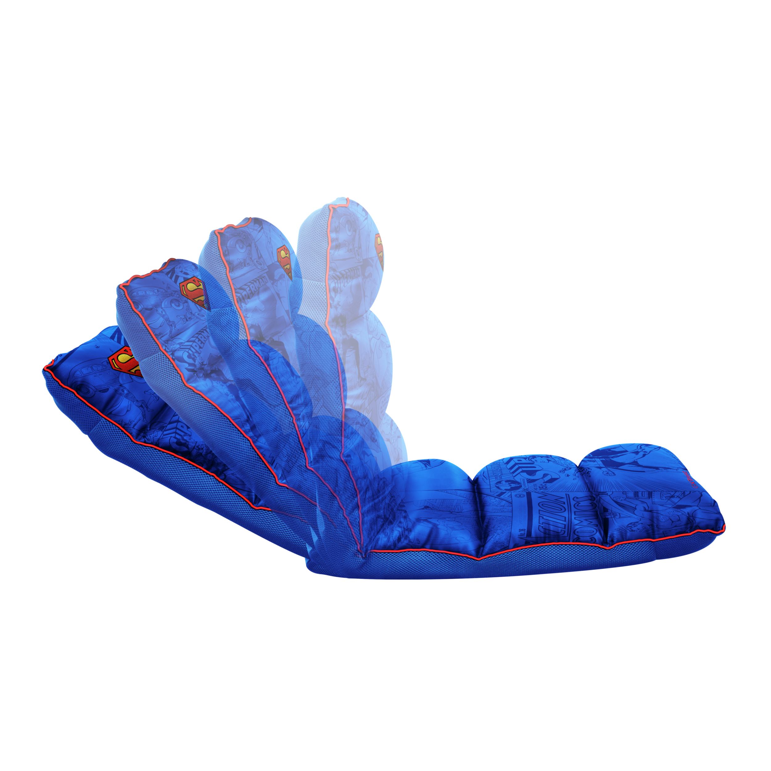 Sedia da pavimento di Superman con arte del fumetto. Sedie multiple impilate. Colori blu e rosso.