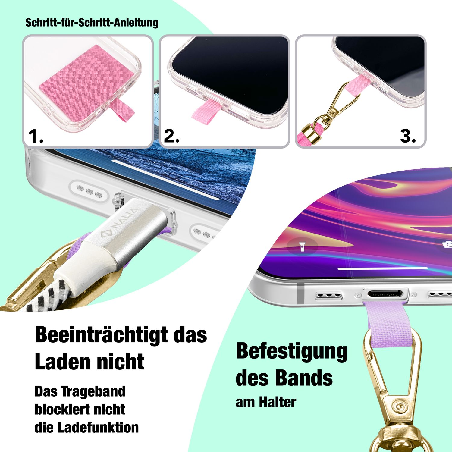 Nahaufnahme des Telefon-Setups. Rosa Riemen durch das Telefon, Schritt-für-Schritt-Anleitung.