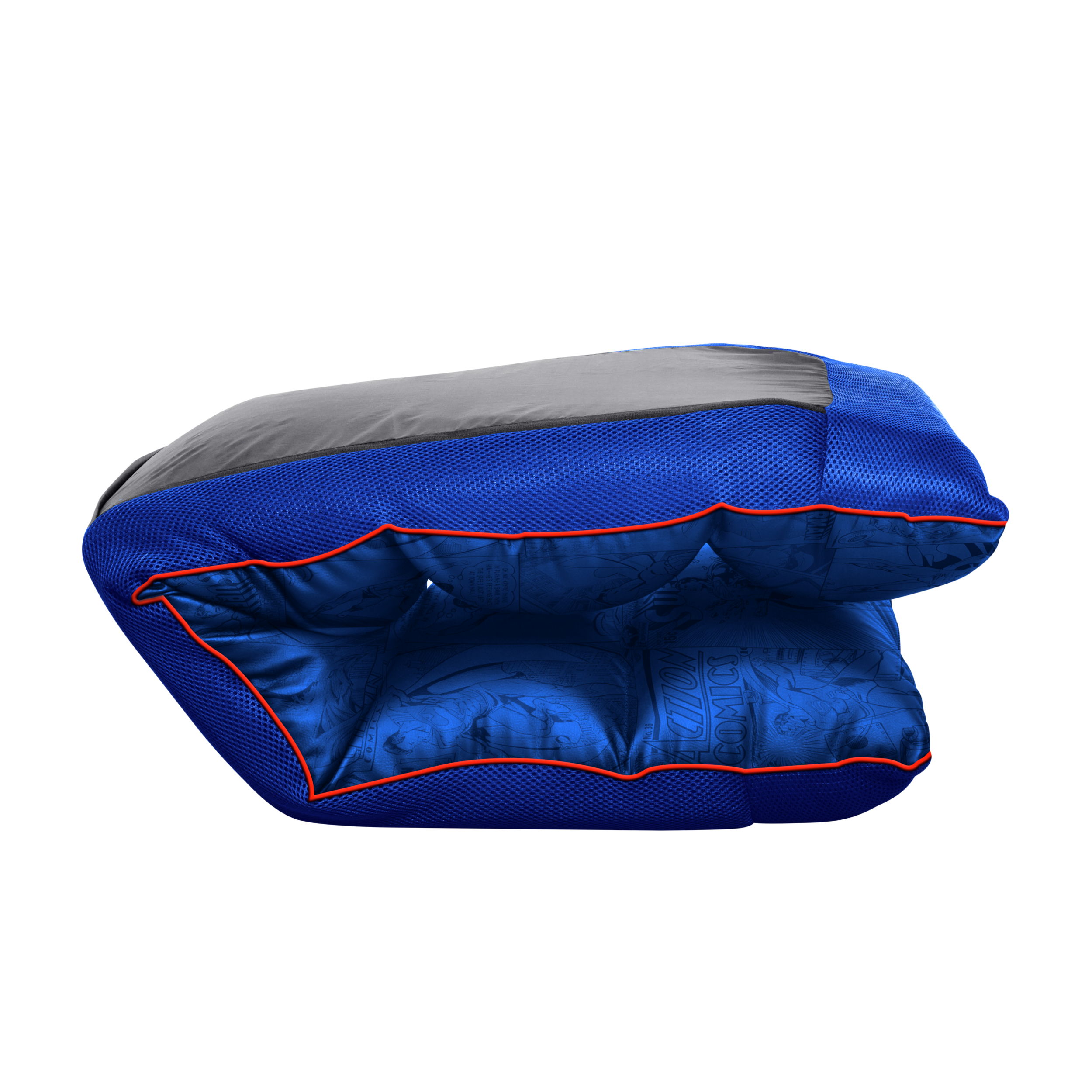 Sedia da gaming blu piegata, rete blu, bordatura rossa, sfondo nero.