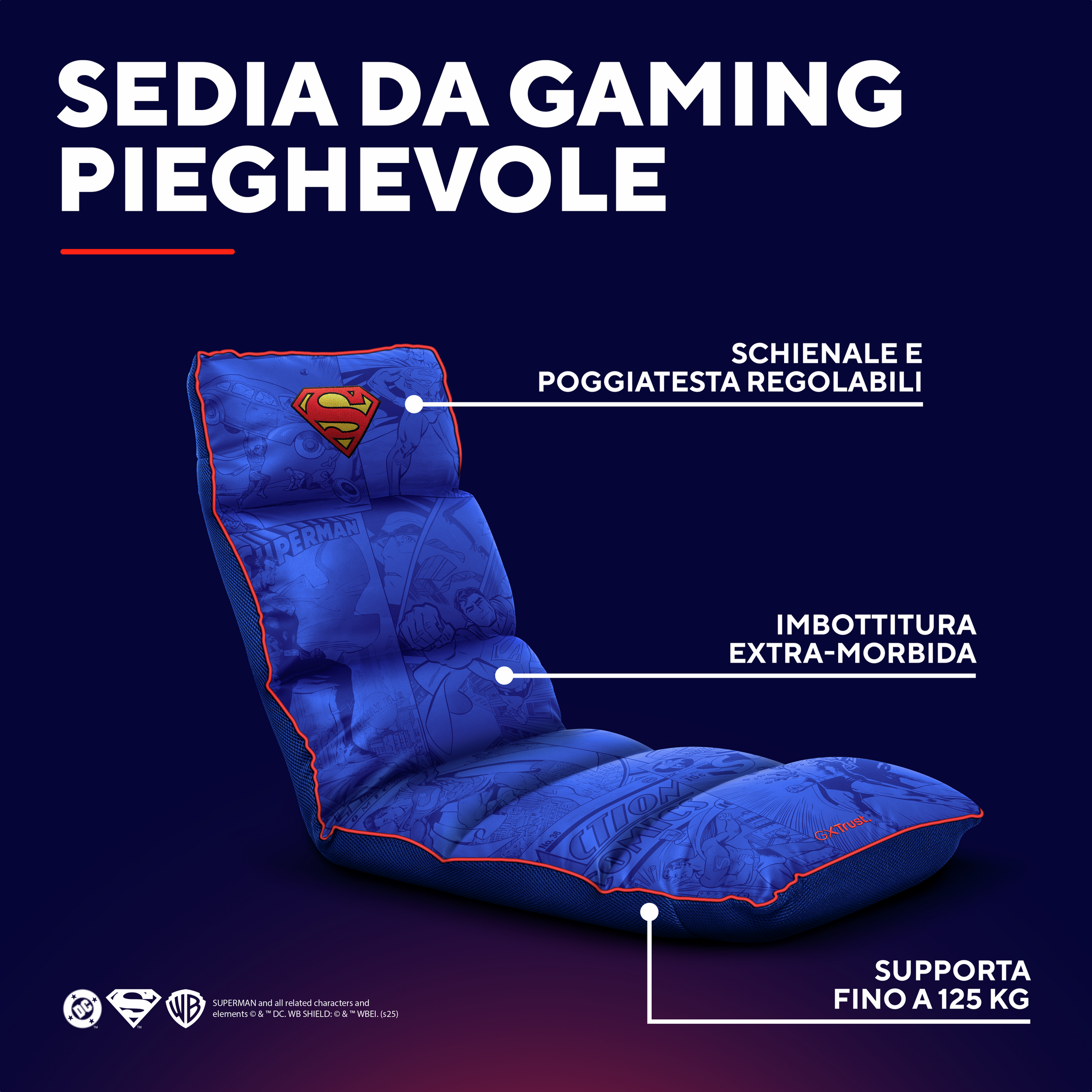 Sedia da gaming Superman blu, pieghevole, con dettagli rossi e imbottitura extra morbida.