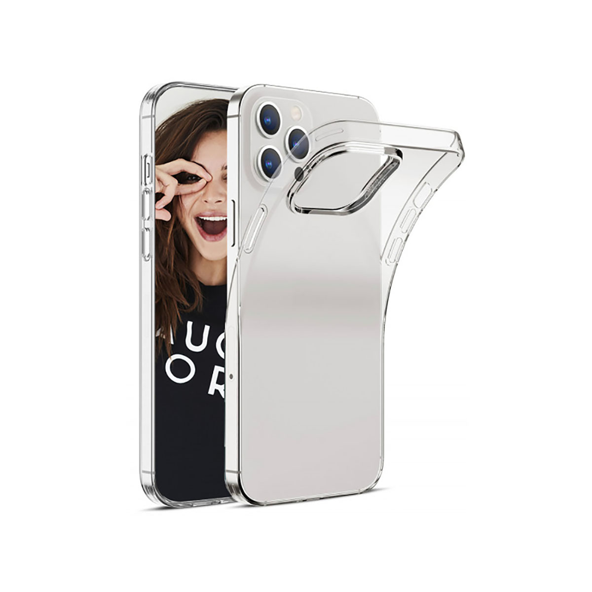 Donna che tiene un telefono in una custodia trasparente, sorridente, il telefono ha una fotocamera.