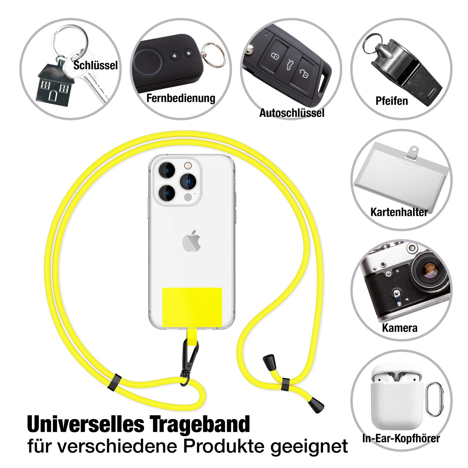 Gelbes Telefon-Umhängeband mit verschiedenen Artikeln: Schlüssel, Fernbedienung, Autoschlüssel, Pfeife, Kartenhalter, Kamera und AirPods.