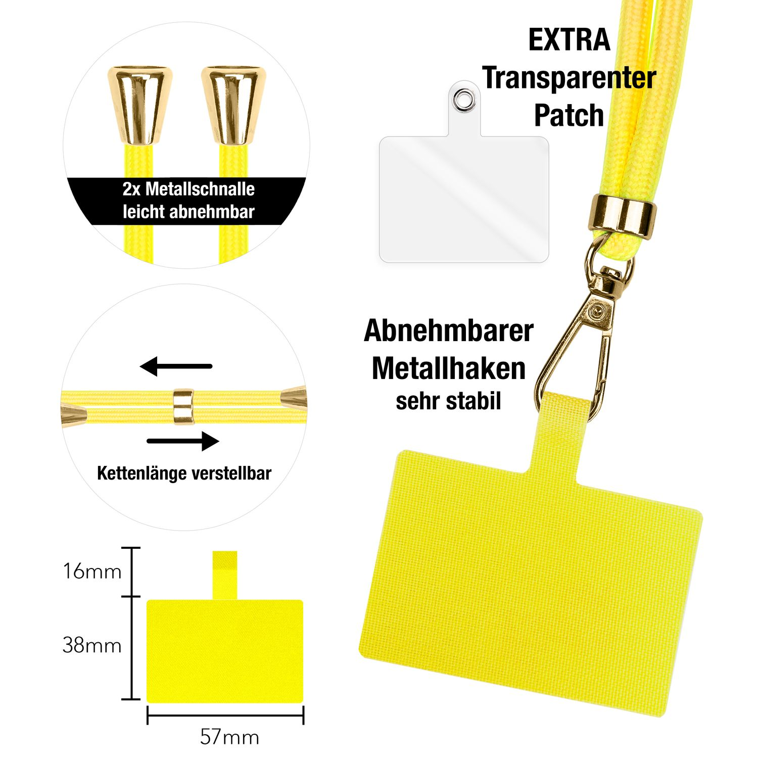 Nahaufnahme eines gelben Lanyard-Aufsatzes mit transparentem Patch und Abmessungen des Aufsatzes.
